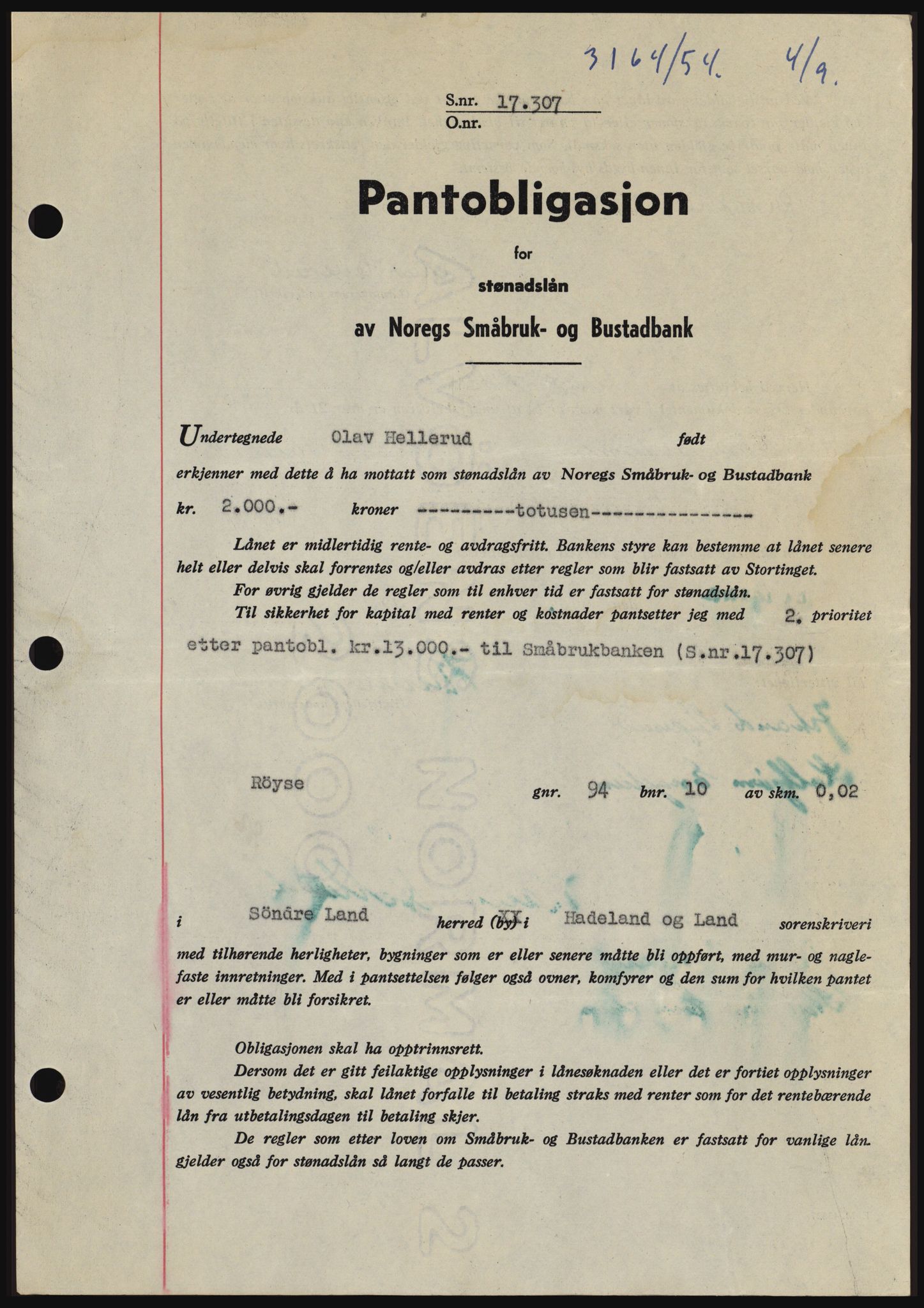 Hadeland og Land tingrett, SAH/TING-010/H/Hb/Hbc/L0030: Pantebok nr. B30, 1954-1954, Dagboknr: 3164/1954