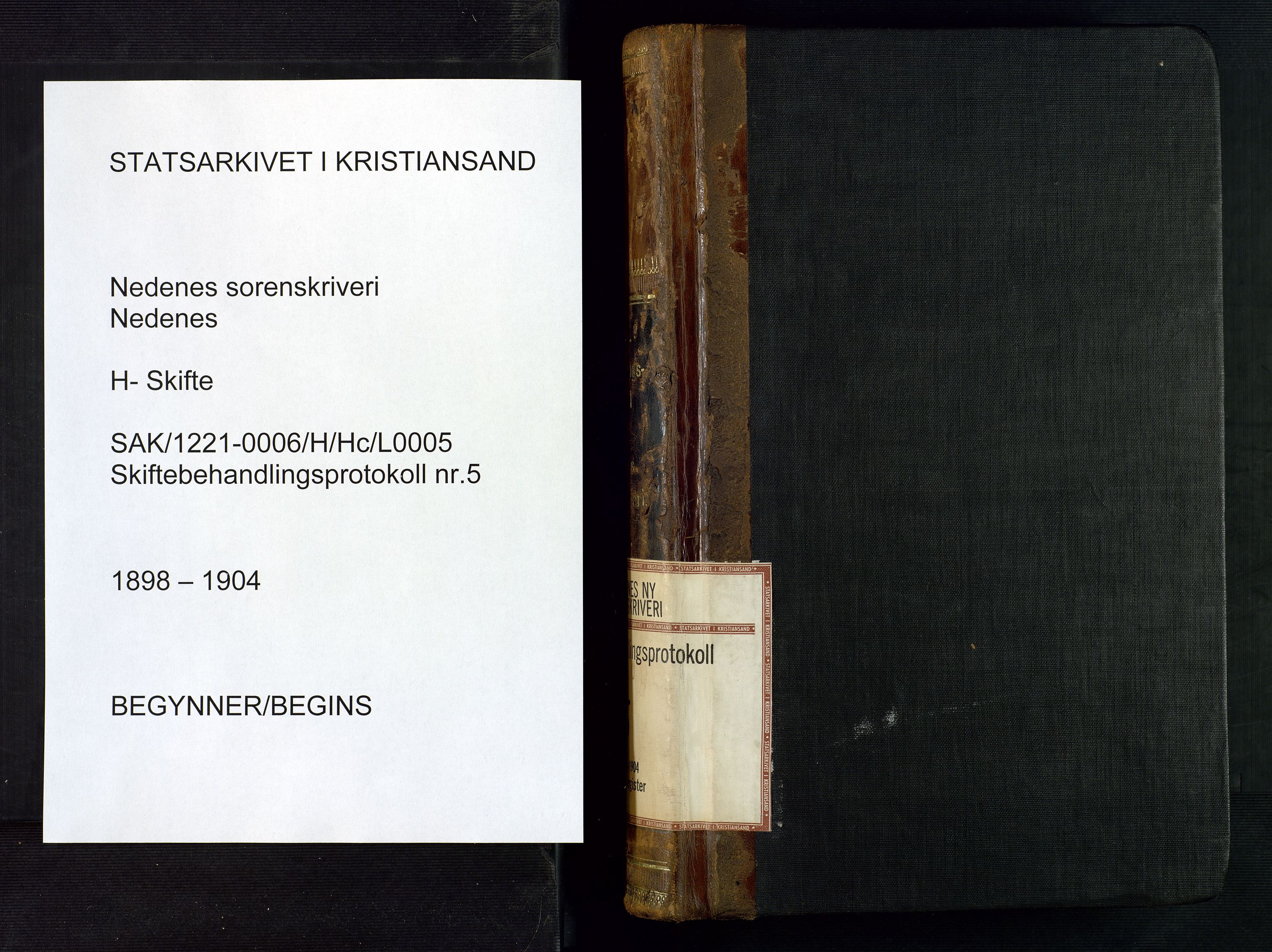 Nedenes sorenskriveri, SAK/1221-0006/H/Hc/L0005: Skiftebehandlingsprotokoll nr 5 med register, 1898-1904