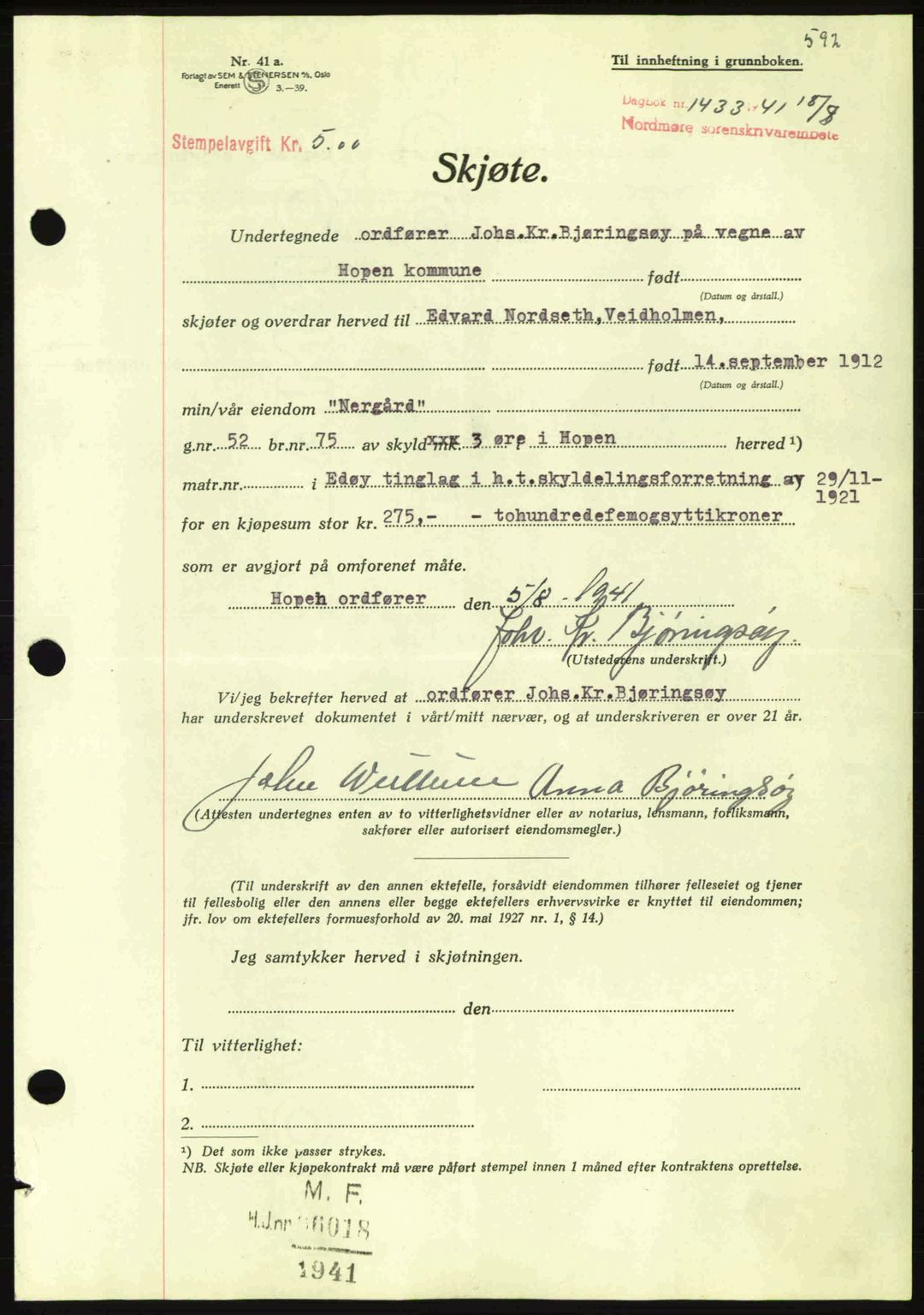 Nordmøre sorenskriveri, SAT/A-4132/1/2/2Ca: Pantebok nr. A90, 1941-1941, Dagboknr: 1433/1941