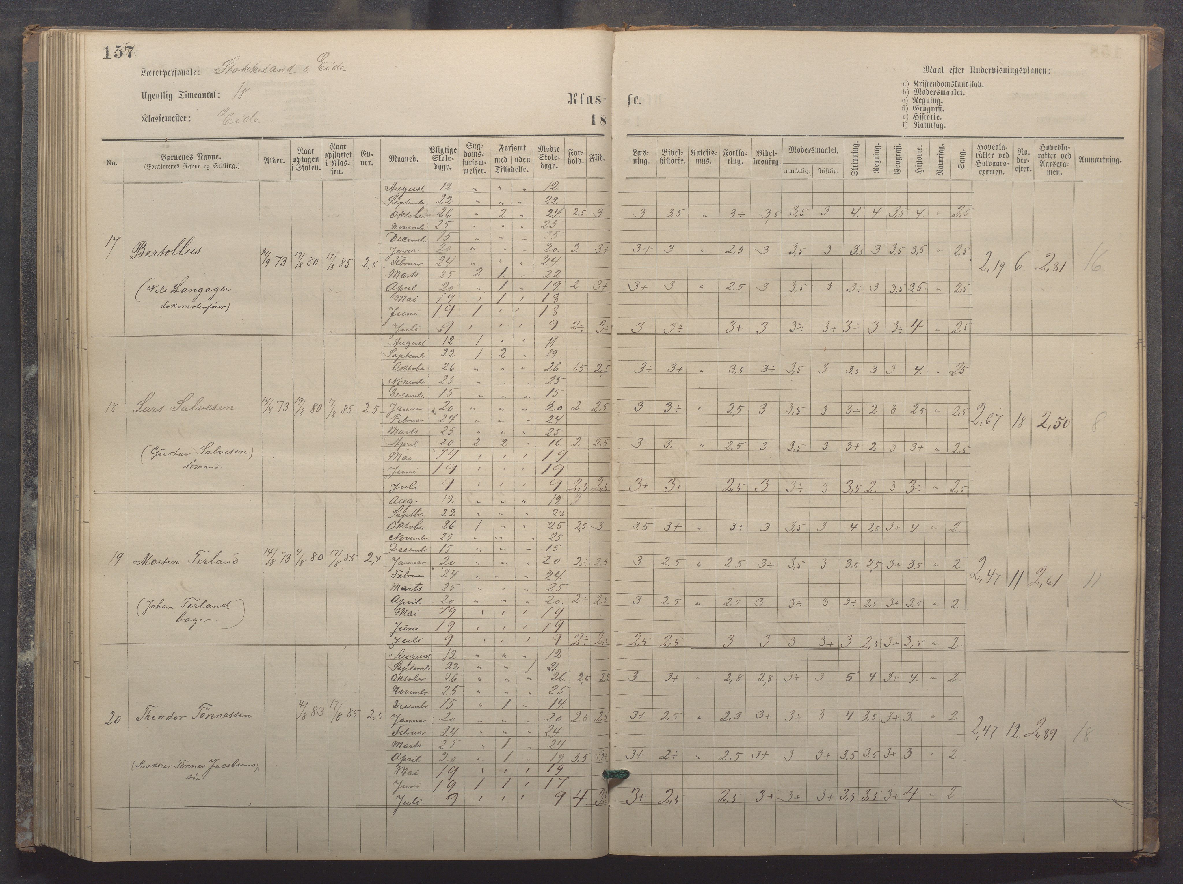 Egersund kommune (Ladested) - Egersund almueskole/folkeskole, IKAR/K-100521/H/L0017: Skoleprotokoll - Almueskolen, 5./6. klasse, 1877-1887, s. 157