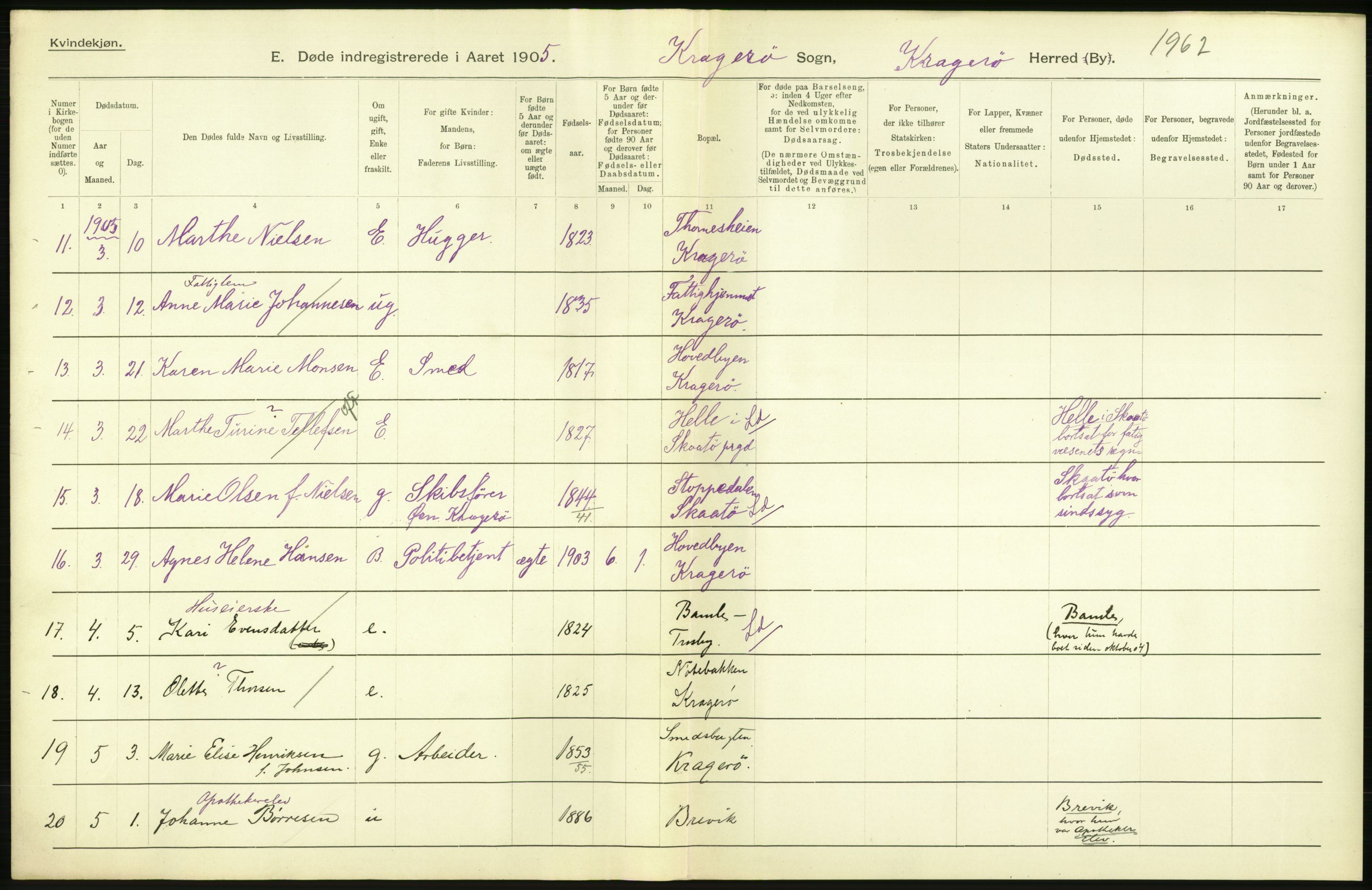 Statistisk sentralbyrå, Sosiodemografiske emner, Befolkning, AV/RA-S-2228/D/Df/Dfa/Dfac/L0043: Bratsberg - Lister og Mandals amt: Levendefødte menn og kvinner, gifte, døde, dødfødte. Byer., 1905, s. 216