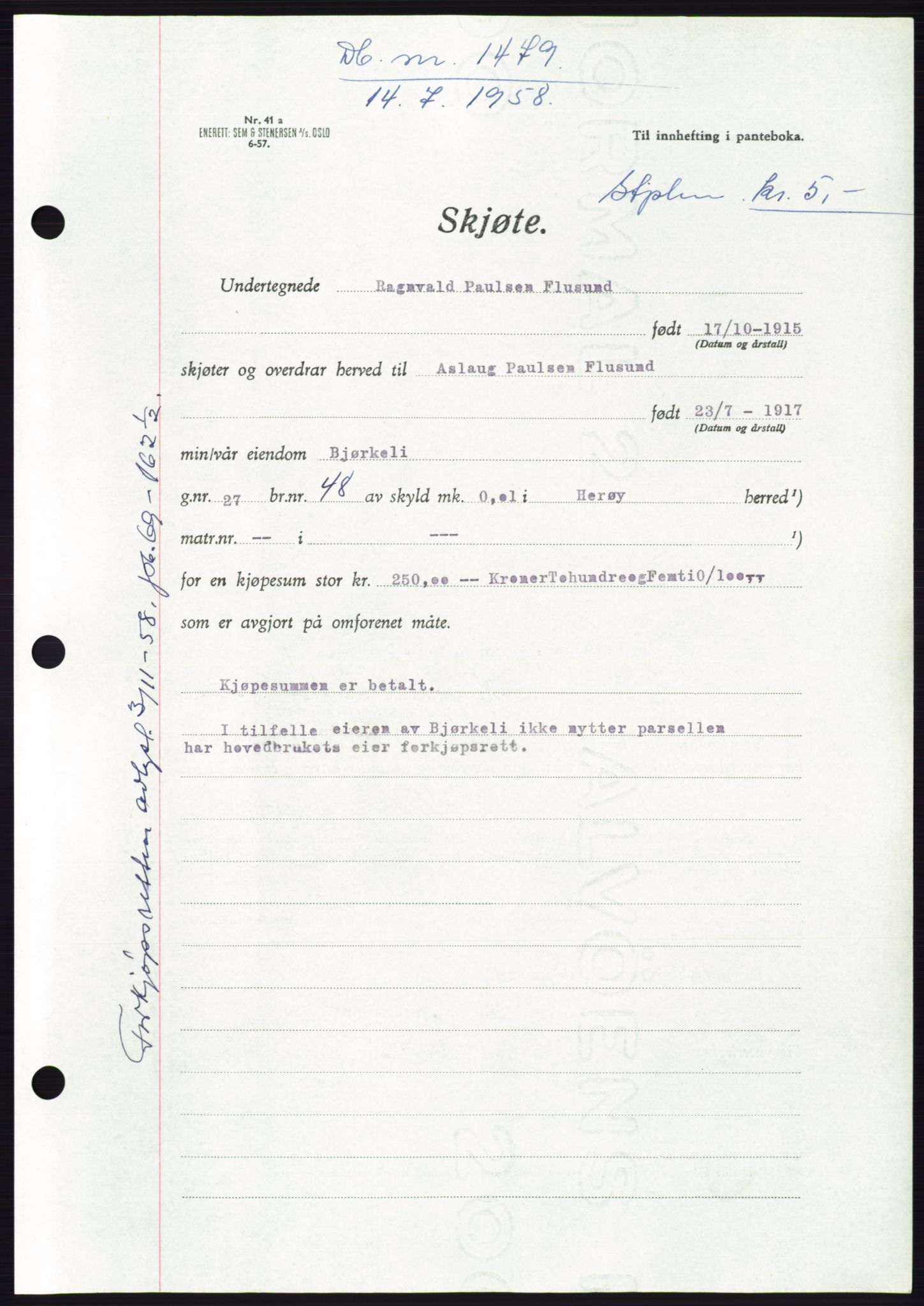 Søre Sunnmøre sorenskriveri, AV/SAT-A-4122/1/2/2C/L0110: Pantebok nr. 36A, 1958-1958, Dagboknr: 1479/1958