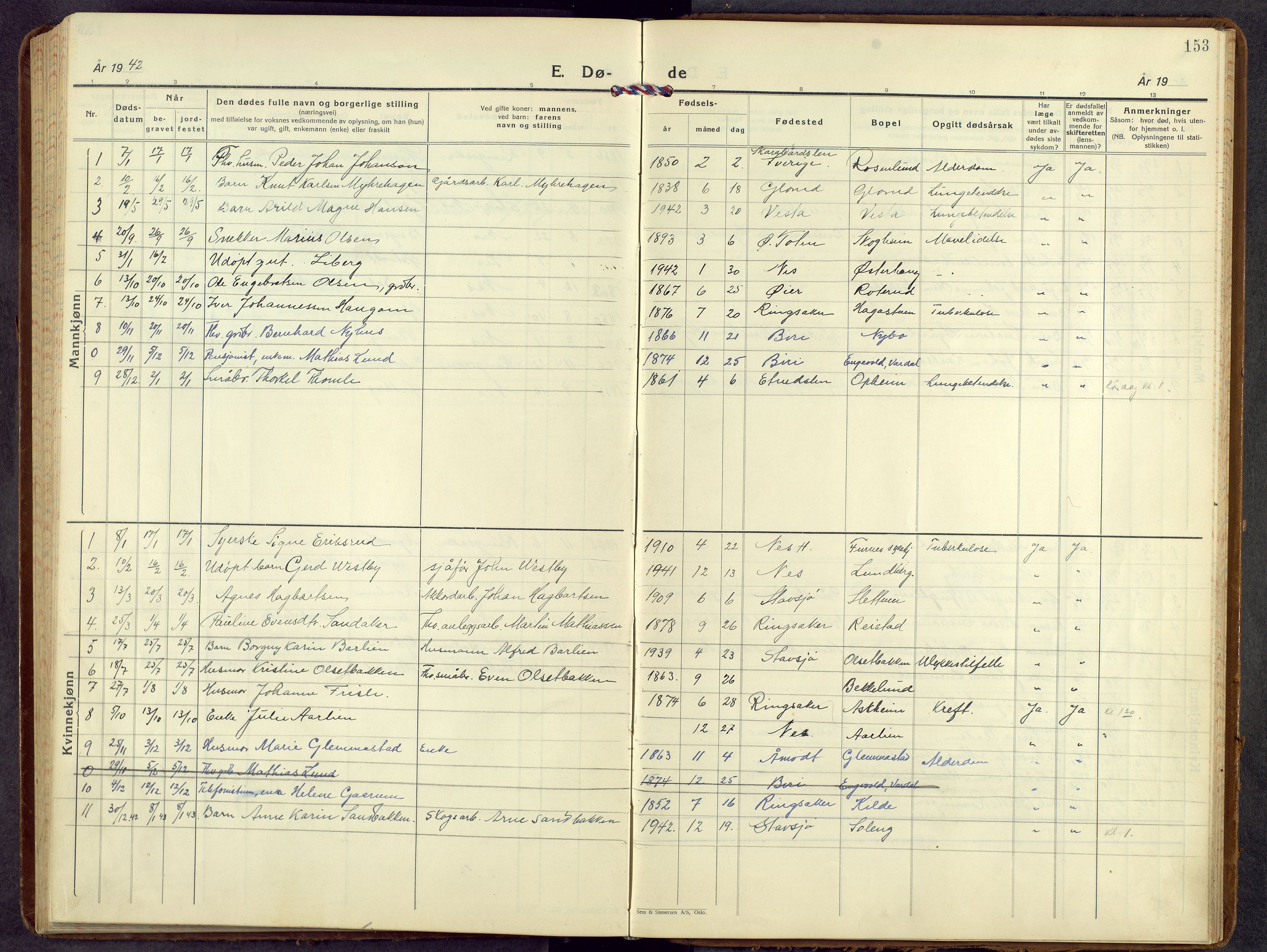 Nes prestekontor, Hedmark, AV/SAH-PREST-020/L/La/L0012: Klokkerbok nr. 12, 1936-1958, s. 153