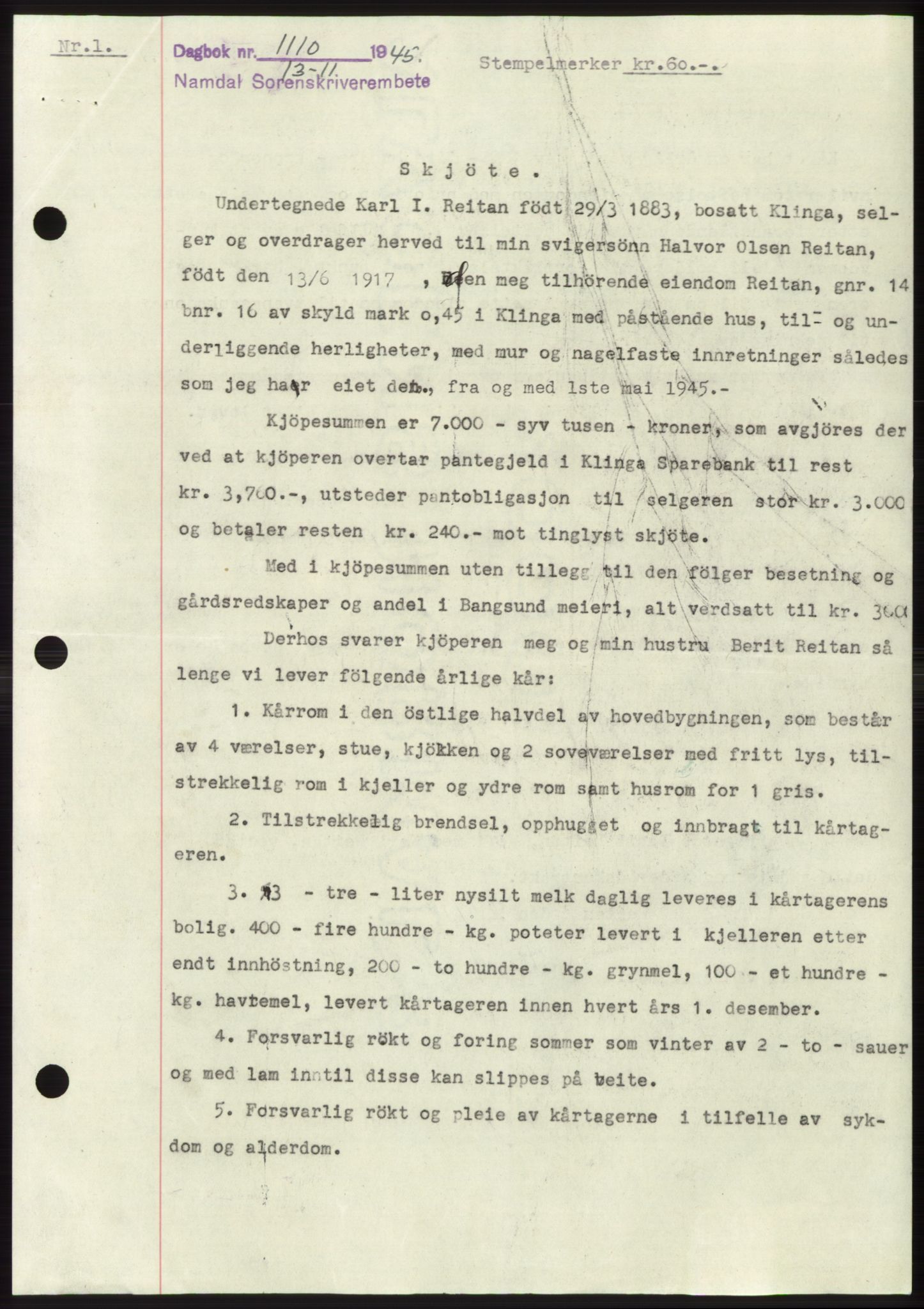 Namdal sorenskriveri, SAT/A-4133/1/2/2C: Pantebok nr. -, 1944-1945, Dagboknr: 1110/1945