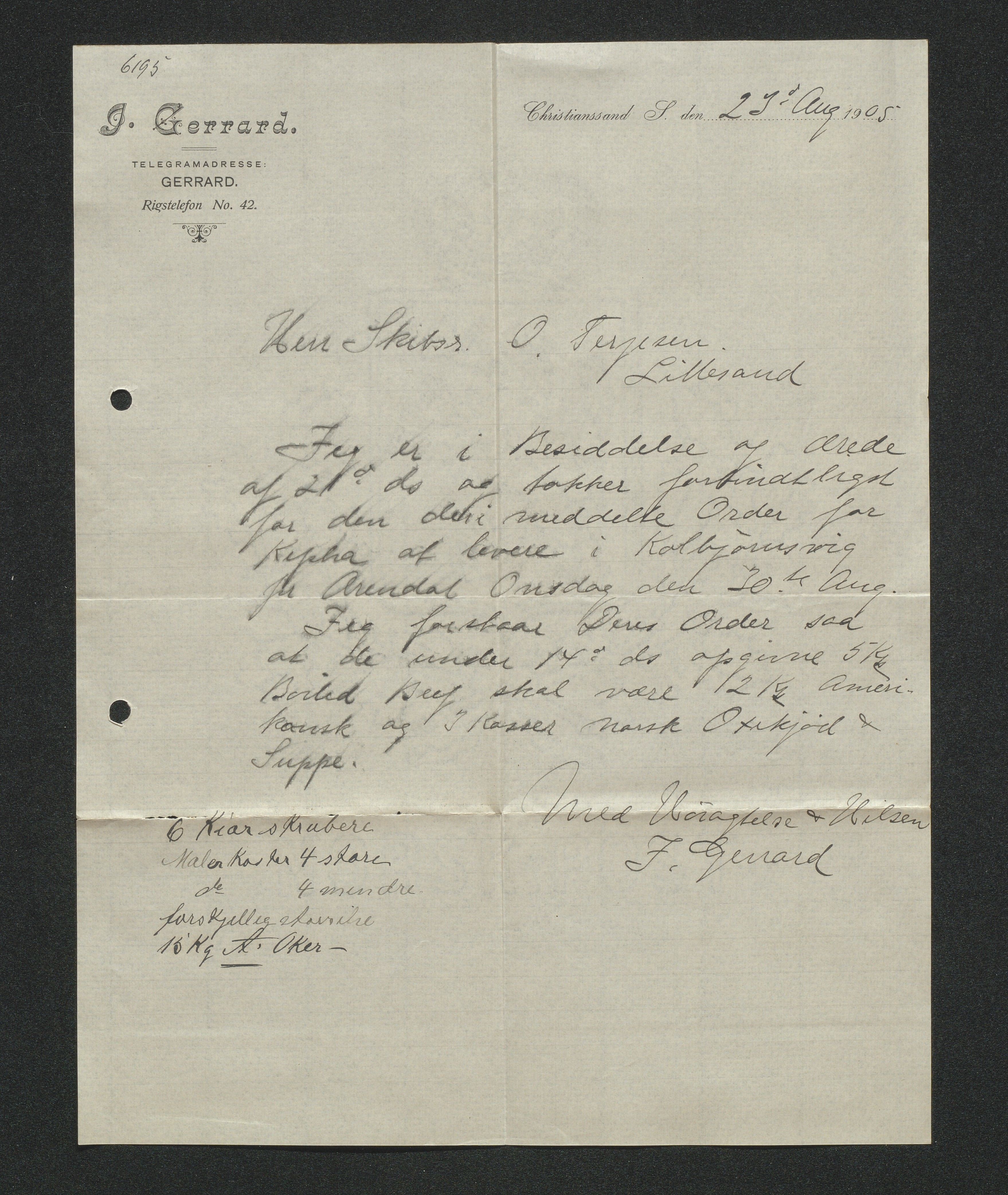 O. Terjesens rederi, AAKS/PA-2525/E/E01/L0013: Korrespondanse, 1904-1905