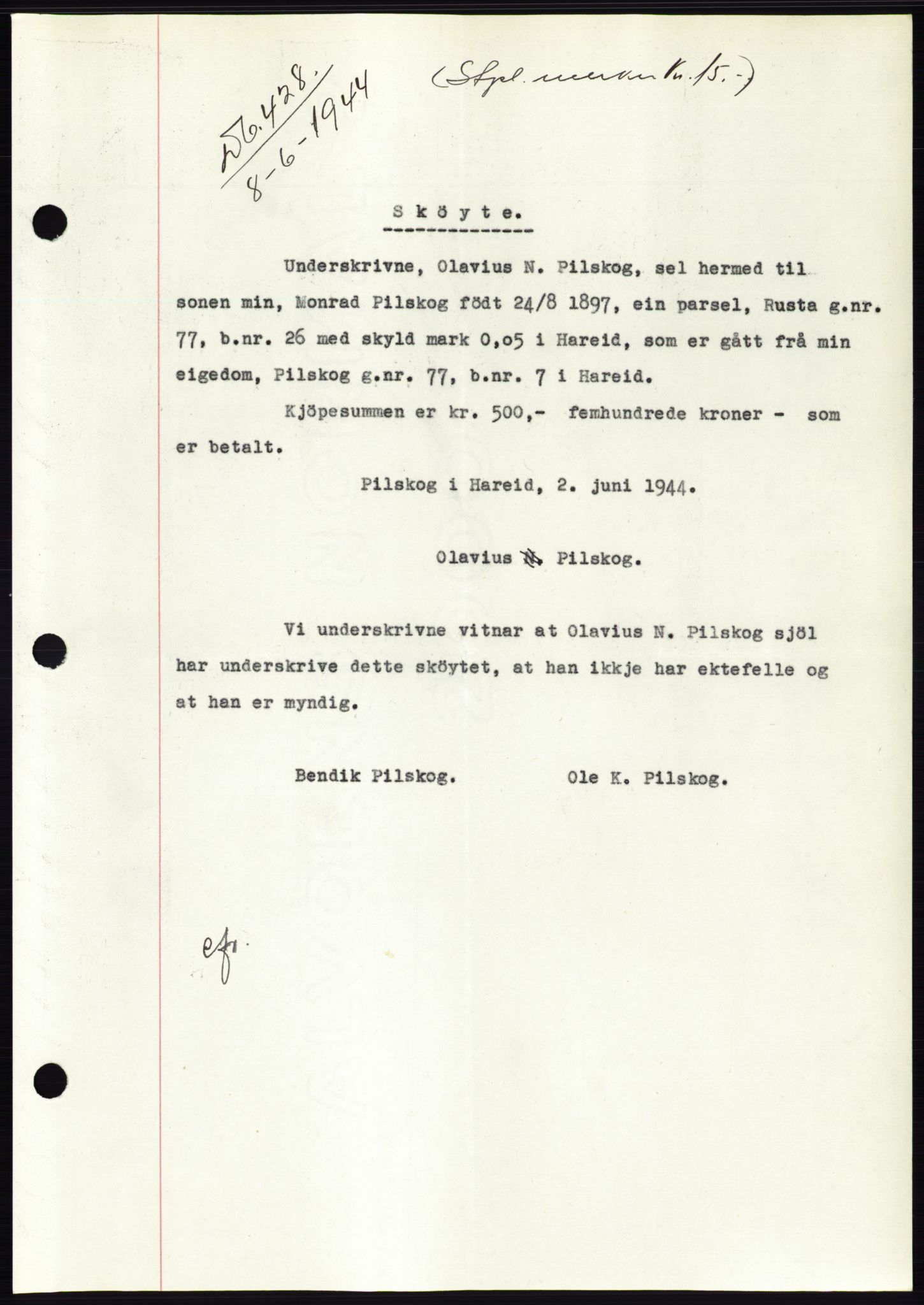 Søre Sunnmøre sorenskriveri, SAT/A-4122/1/2/2C/L0076: Pantebok nr. 2A, 1943-1944, Dagboknr: 428/1944
