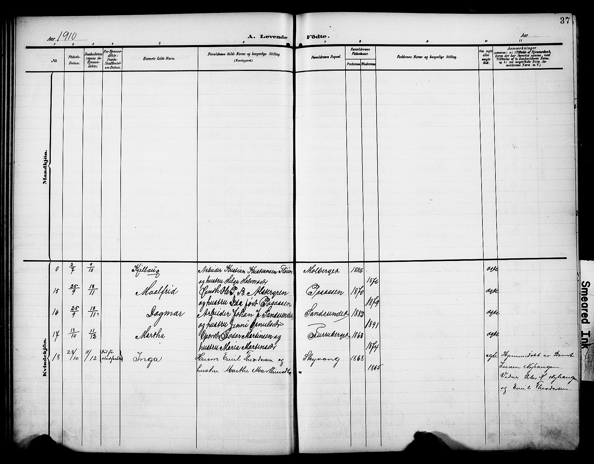 Åsnes prestekontor, AV/SAH-PREST-042/H/Ha/Hab/L0006: Klokkerbok nr. 6, 1903-1929, s. 37