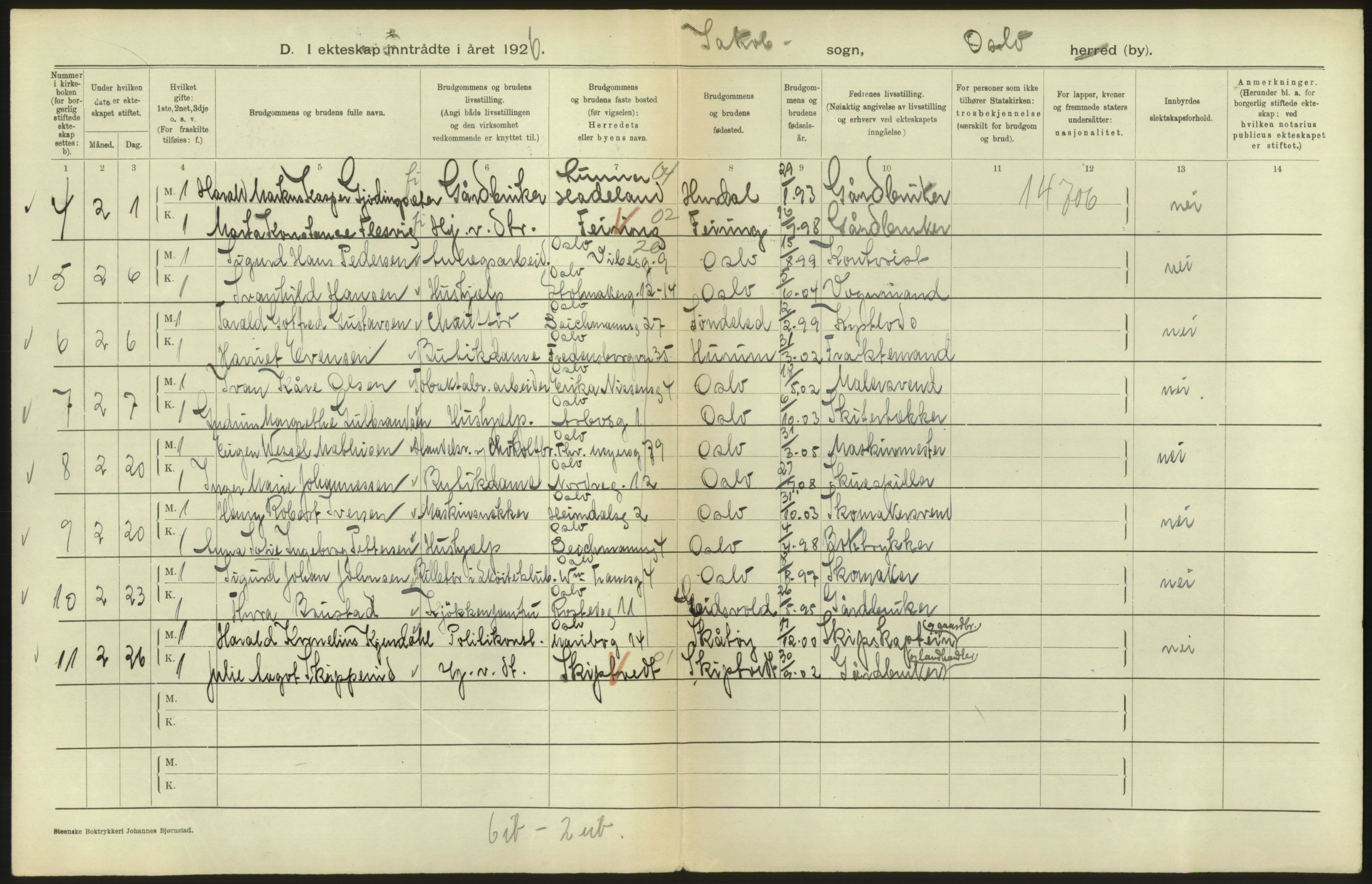 Statistisk sentralbyrå, Sosiodemografiske emner, Befolkning, AV/RA-S-2228/D/Df/Dfc/Dfcf/L0008: Oslo: Gifte, 1926, s. 282