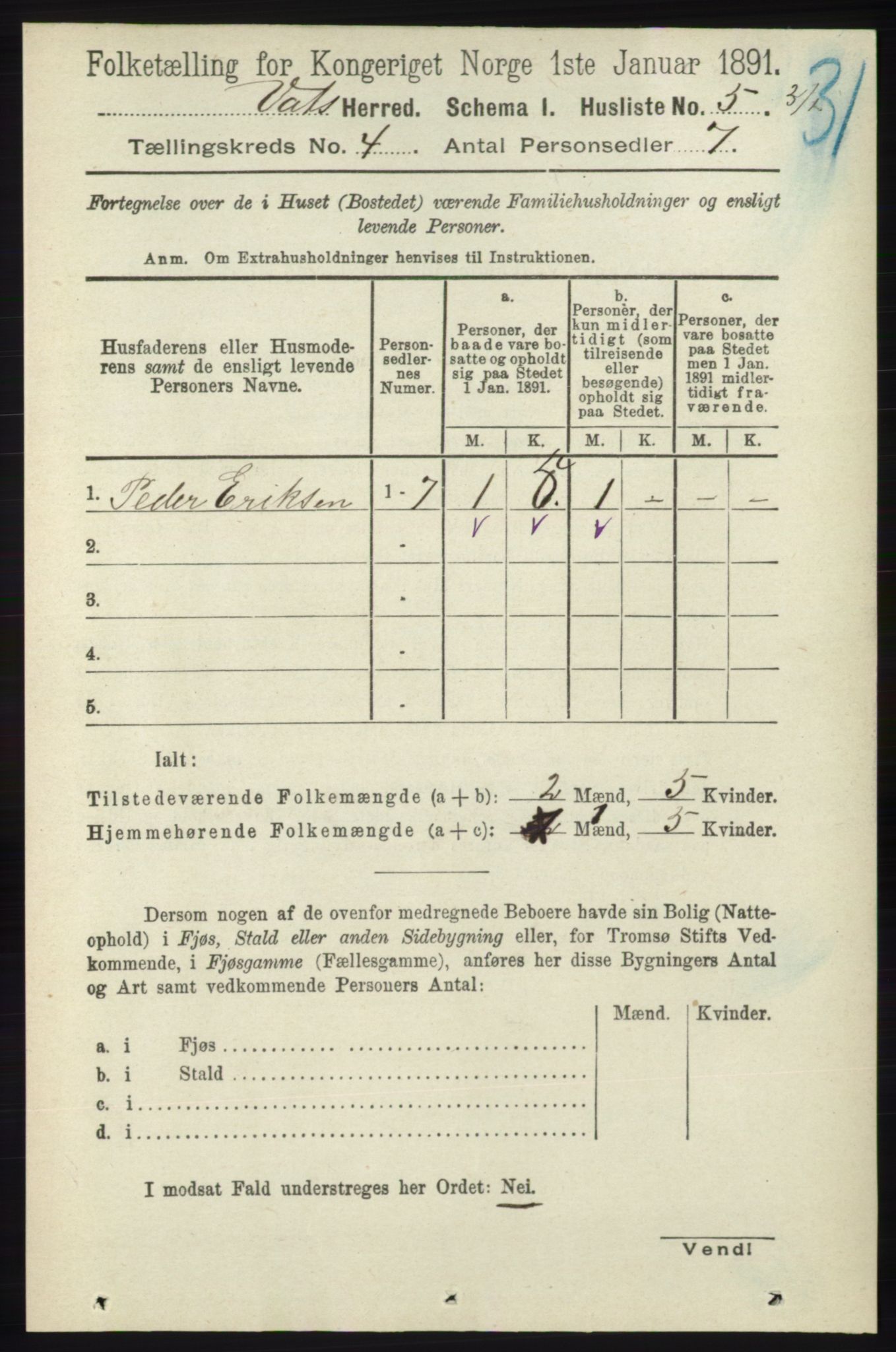 RA, Folketelling 1891 for 1155 Vats herred, 1891, s. 595