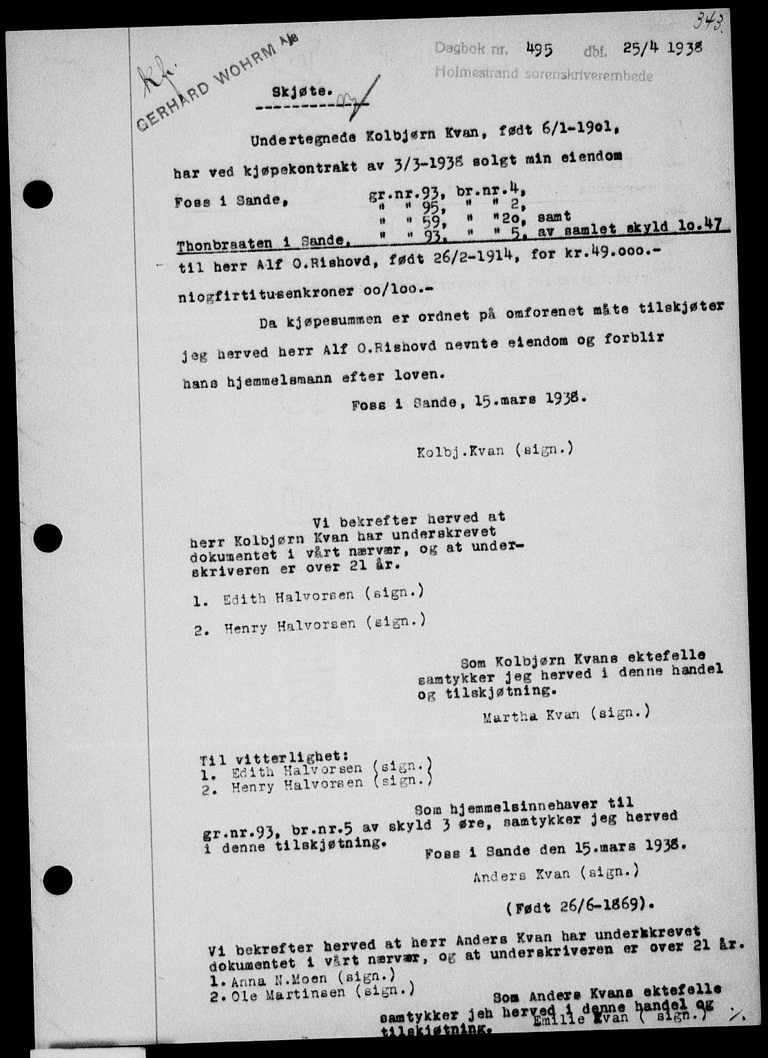 Holmestrand sorenskriveri, SAKO/A-67/G/Ga/Gaa/L0049: Pantebok nr. A-49, 1937-1938, Dagboknr: 495/1938