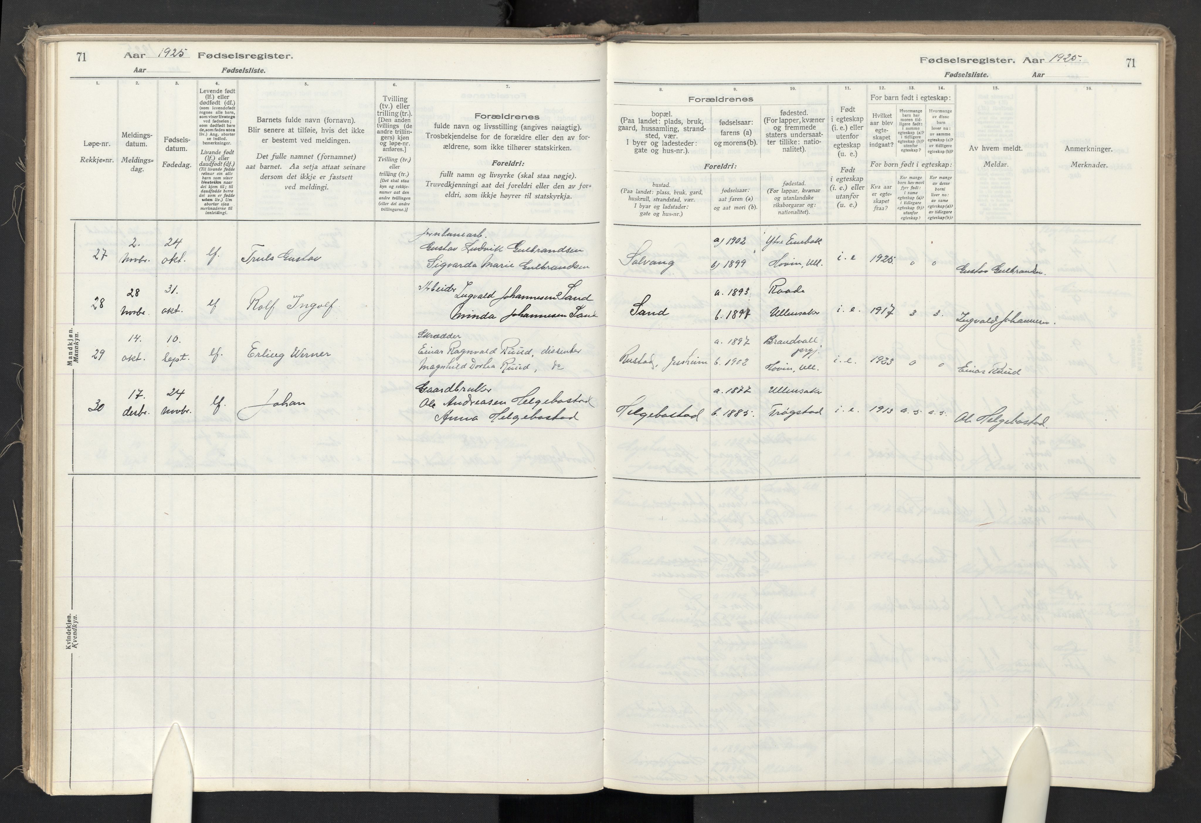Ullensaker prestekontor Kirkebøker, AV/SAO-A-10236a/J/Jb/L0001: Fødselsregister nr. II 1, 1916-1946, s. 71
