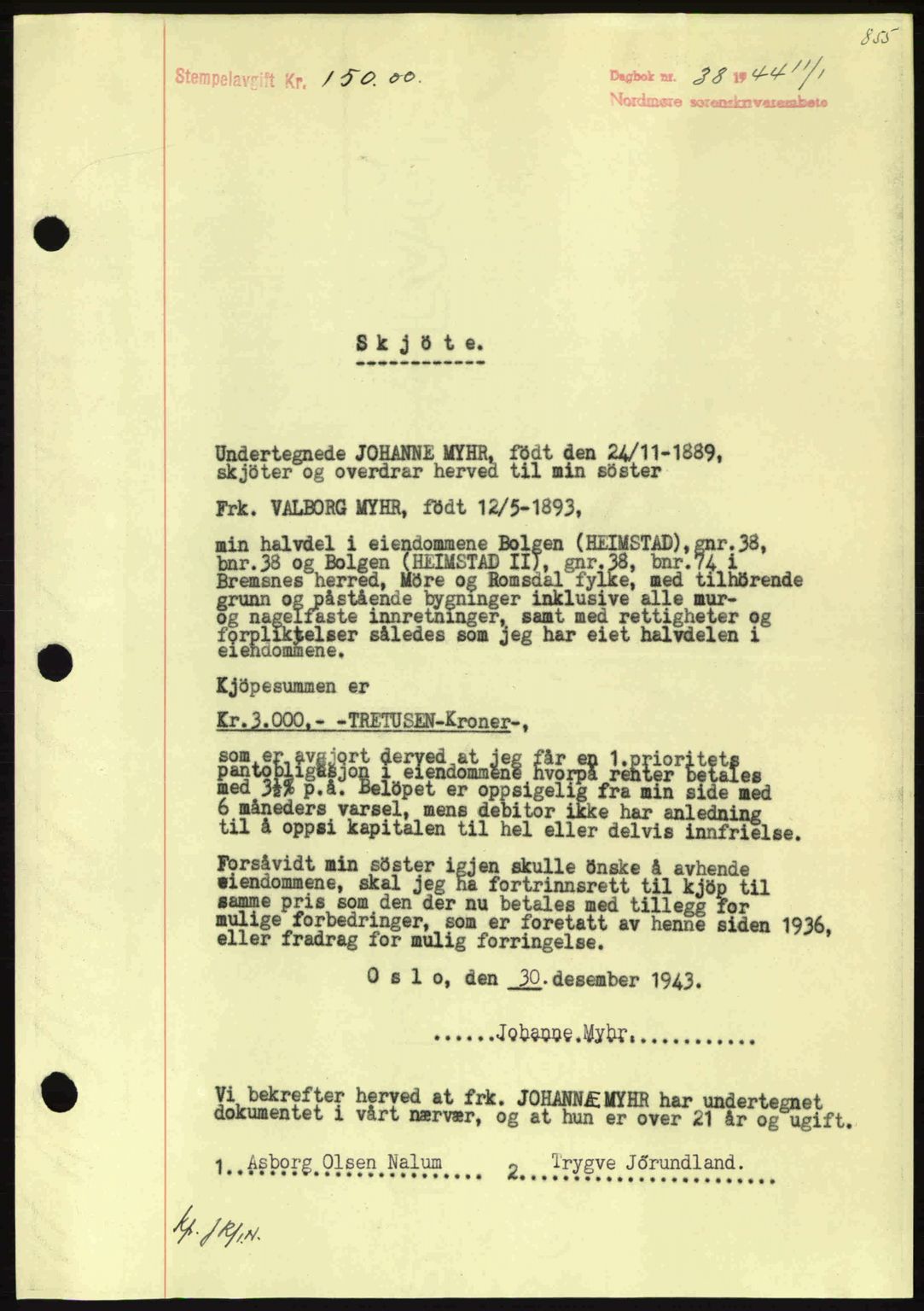 Nordmøre sorenskriveri, SAT/A-4132/1/2/2Ca: Pantebok nr. A96, 1943-1944, Dagboknr: 38/1944