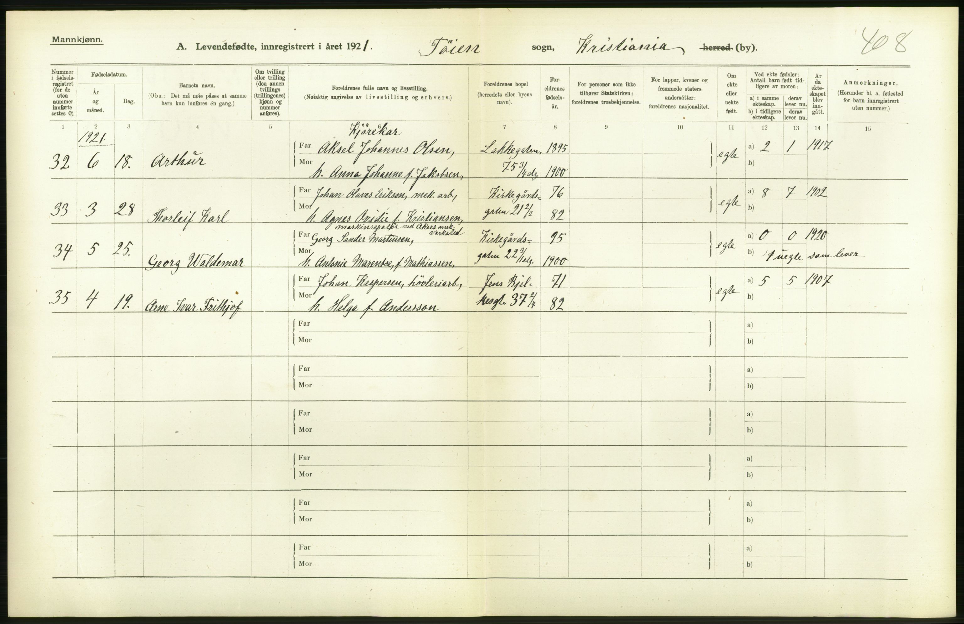 Statistisk sentralbyrå, Sosiodemografiske emner, Befolkning, RA/S-2228/D/Df/Dfc/Dfca/L0009: Kristiania: Levendefødte menn og kvinner., 1921, s. 284