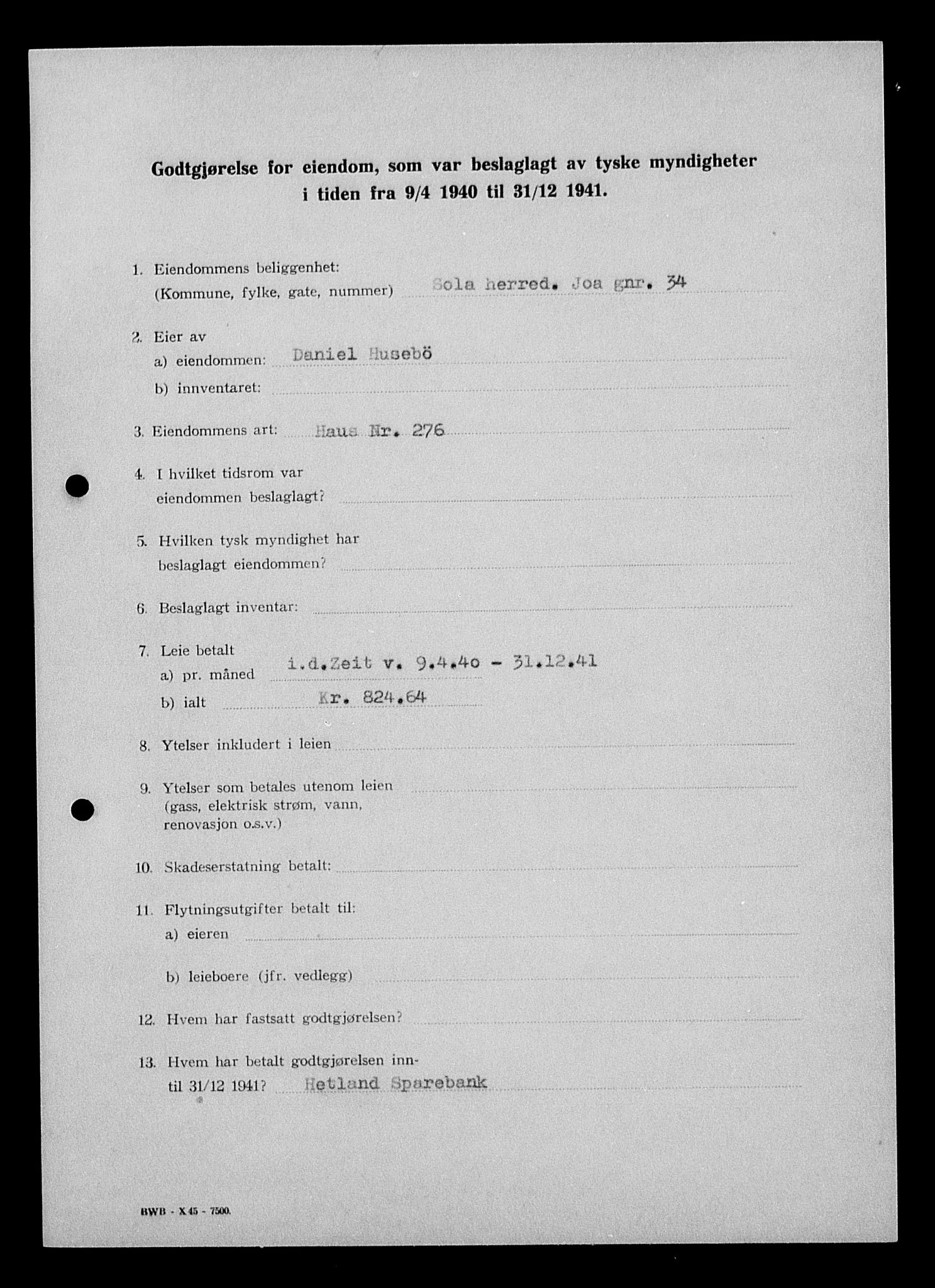Justisdepartementet, Tilbakeføringskontoret for inndratte formuer, AV/RA-S-1564/I/L1014: Godtgjørelse for beslaglagt eiendom, 1940-1941, s. 353