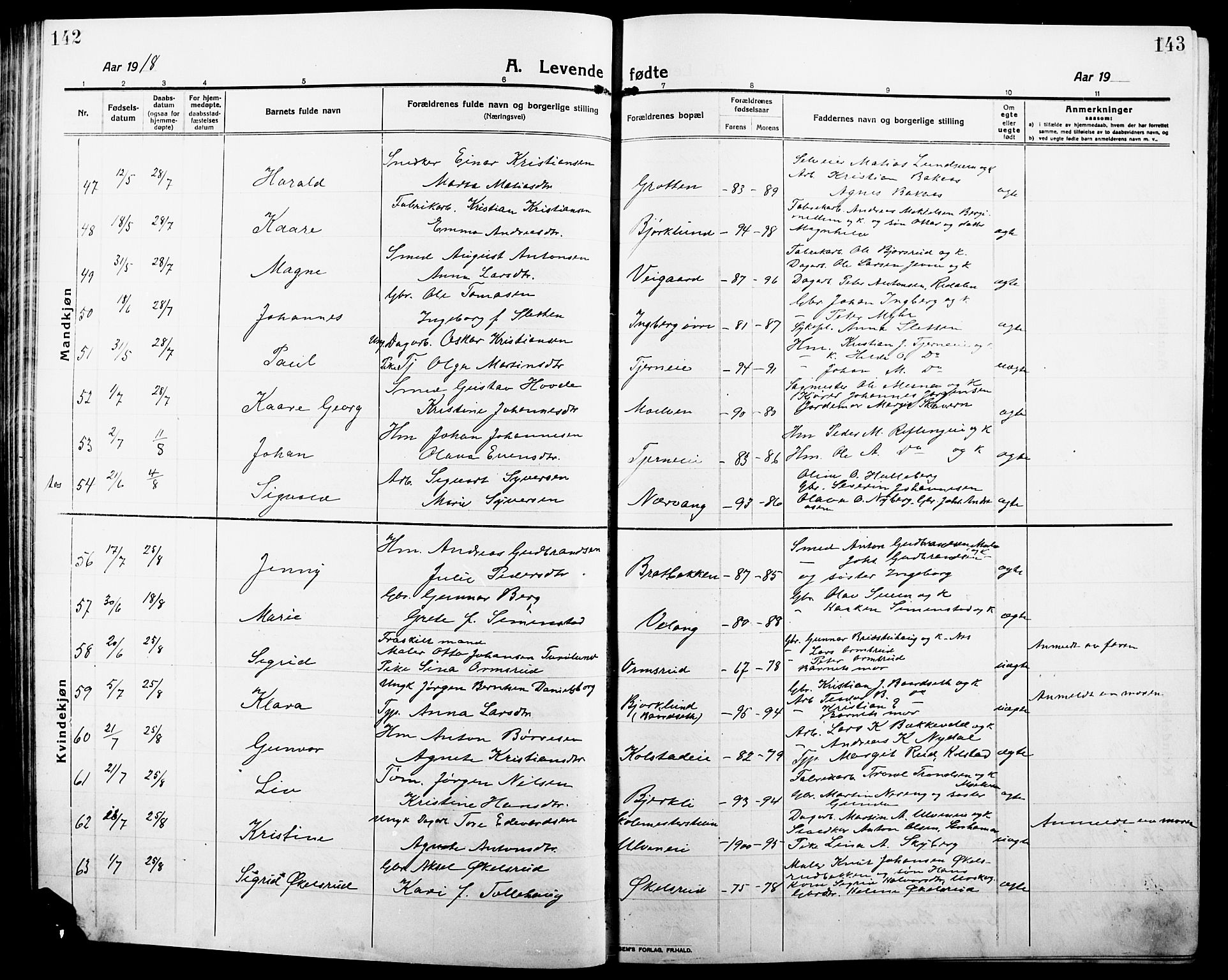 Ringsaker prestekontor, AV/SAH-PREST-014/L/La/L0018: Klokkerbok nr. 18, 1913-1922, s. 142-143