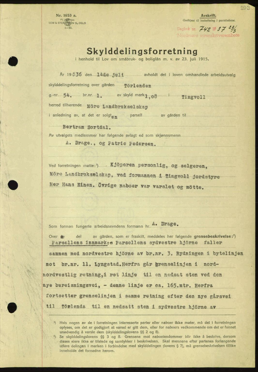 Nordmøre sorenskriveri, SAT/A-4132/1/2/2Ca: Pantebok nr. A81, 1937-1937, Dagboknr: 742/1937