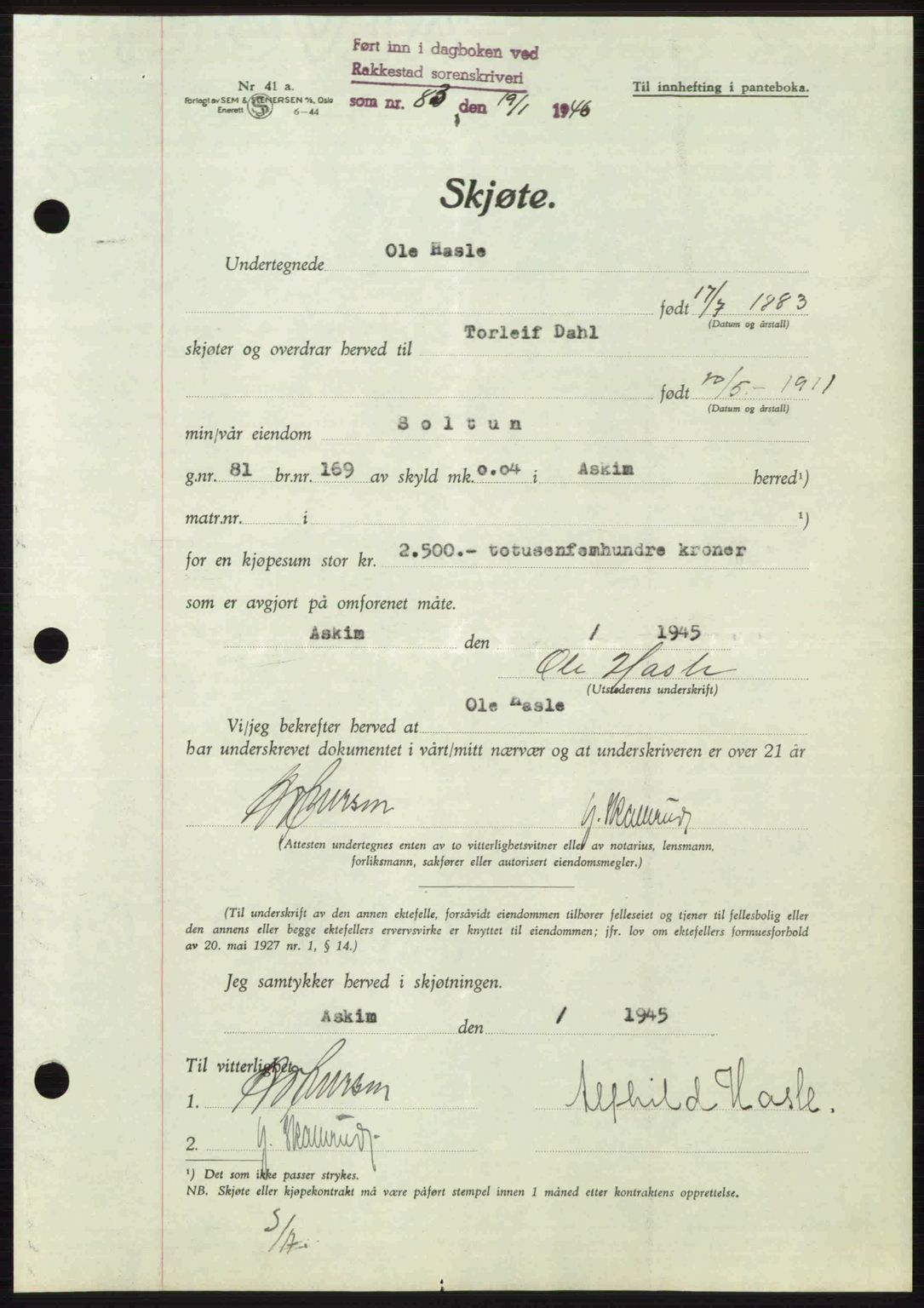 Rakkestad sorenskriveri, AV/SAO-A-10686/G/Gb/Gba/Gbab/L0012a: Pantebok nr. A12 I, 1945-1946, Dagboknr: 83/1946