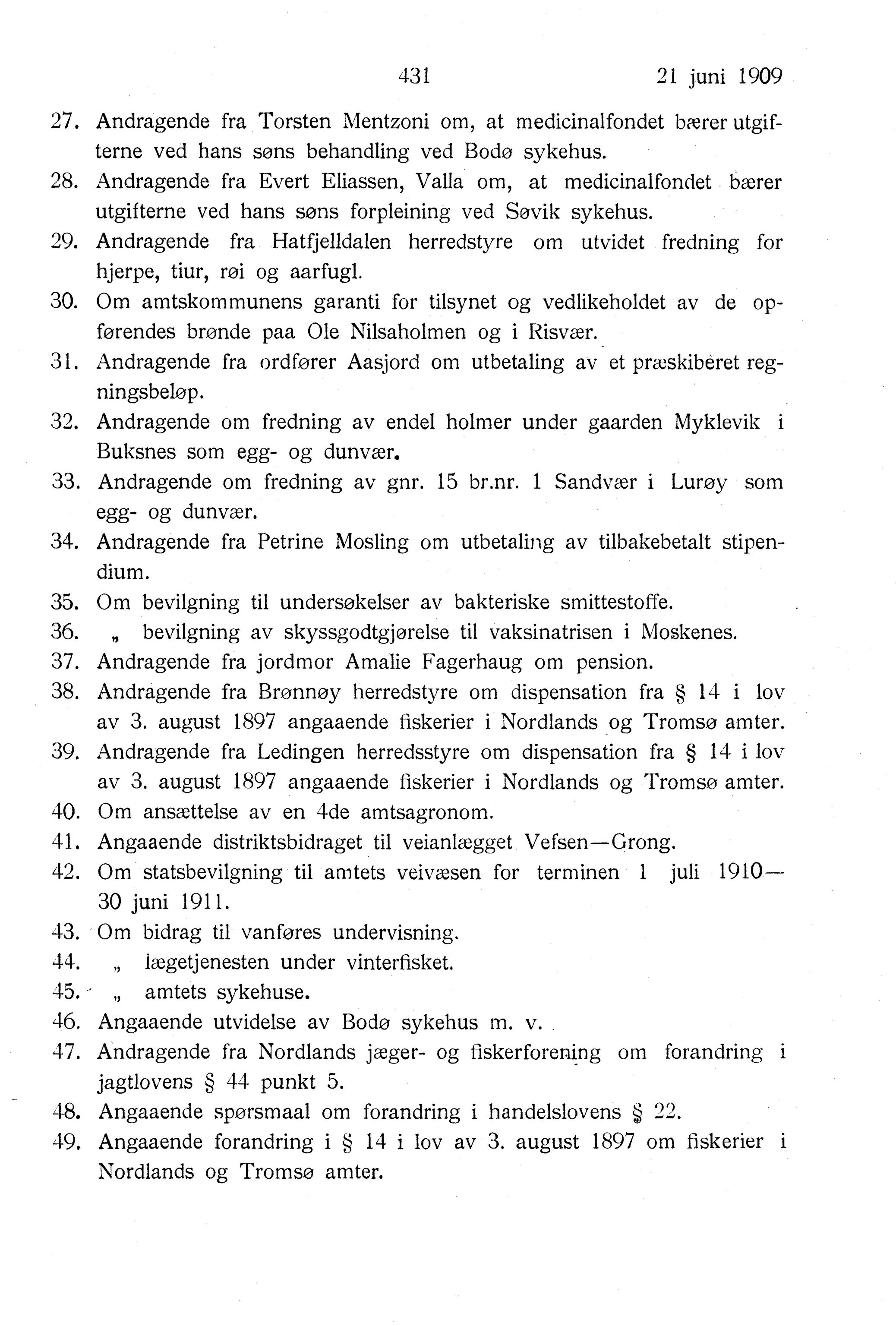 Nordland Fylkeskommune. Fylkestinget, AIN/NFK-17/176/A/Ac/L0032: Fylkestingsforhandlinger 1909, 1909