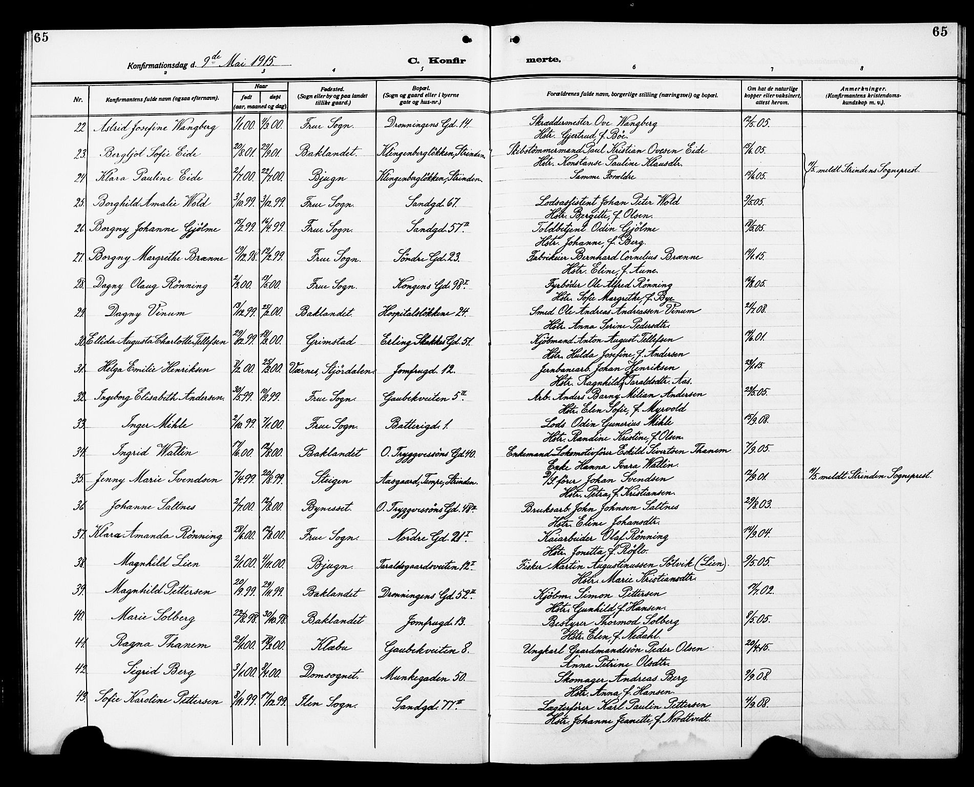 Ministerialprotokoller, klokkerbøker og fødselsregistre - Sør-Trøndelag, AV/SAT-A-1456/602/L0147: Klokkerbok nr. 602C15, 1911-1924, s. 65