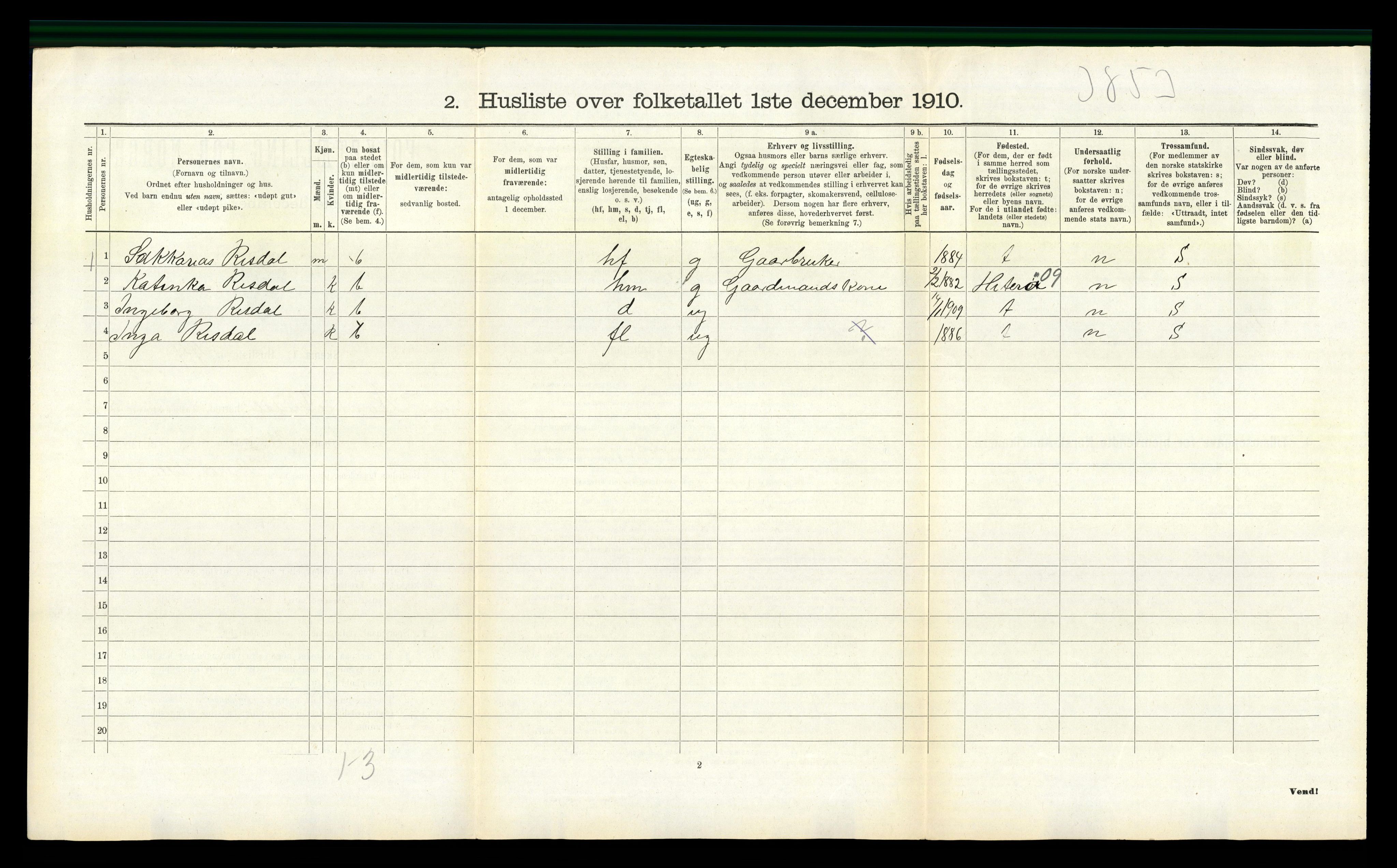 RA, Folketelling 1910 for 1028 Nord-Audnedal herred, 1910, s. 307