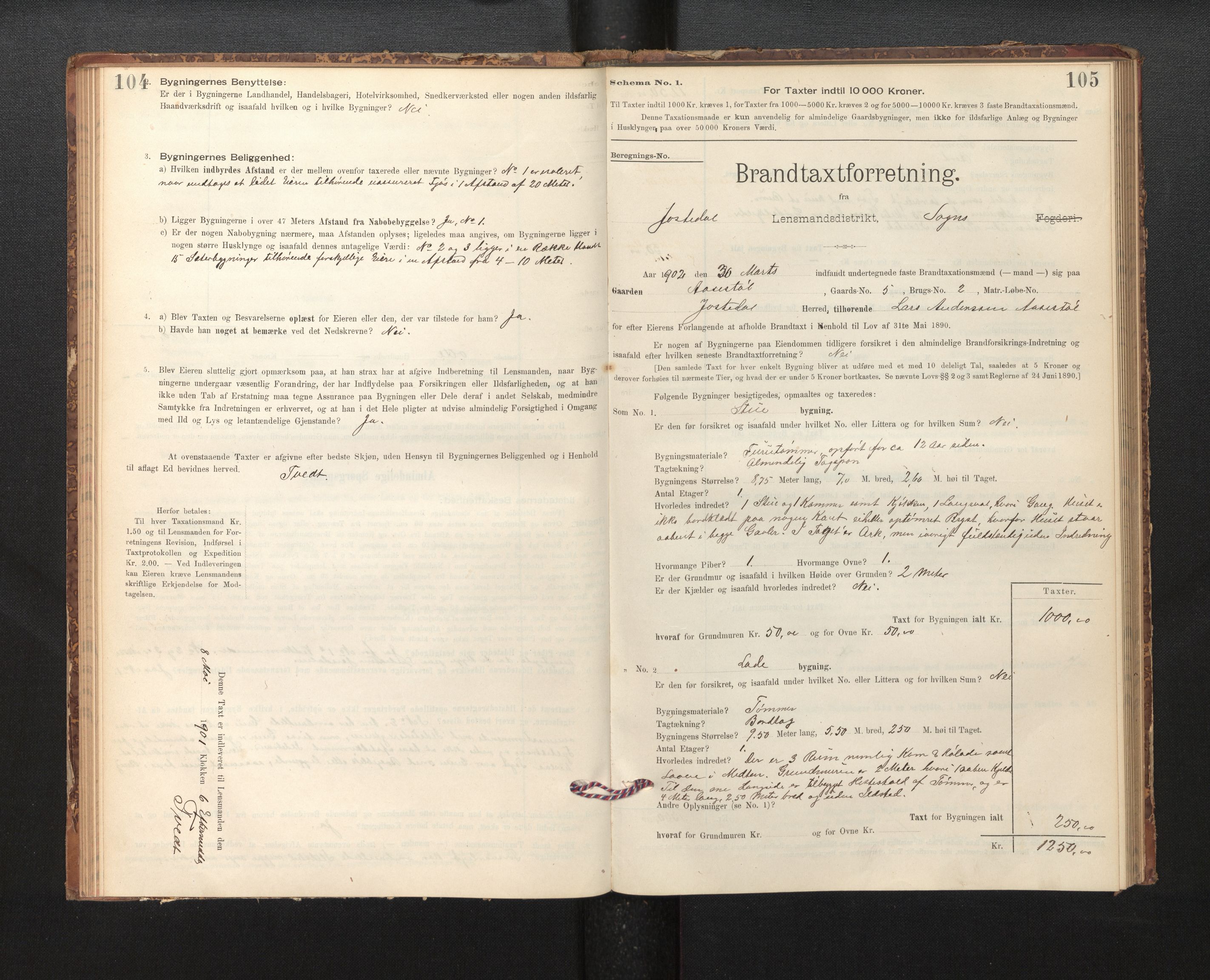 Lensmannen i Jostedal, AV/SAB-A-28601/0012/L0003: Branntakstprotokoll, skjematakst, 1895-1906, s. 104-105