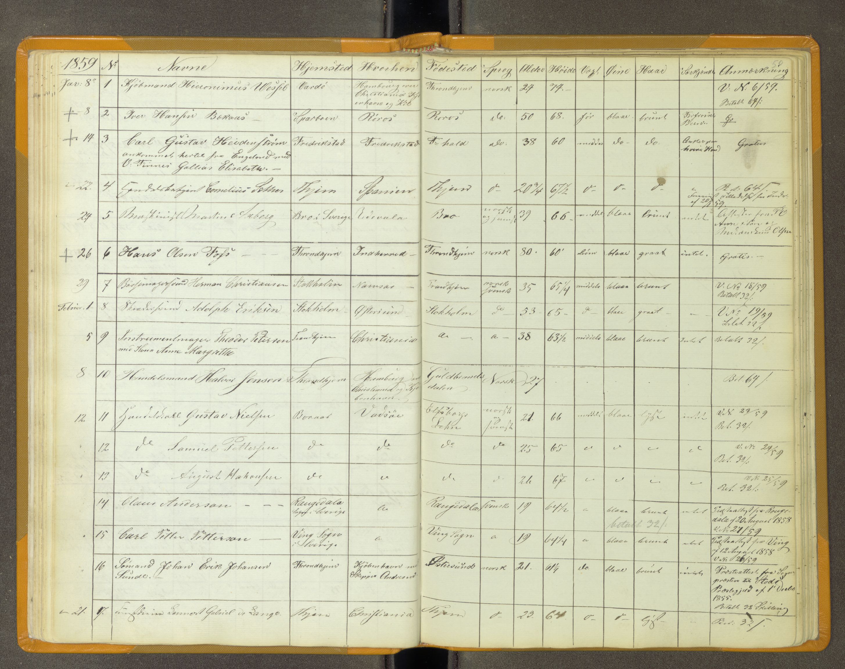 Trondheim politikammer, AV/SAT-A-1887/1/30/L0011: Passprotokoll. Utstedte pass 1855-1890. Utstede og forviste handelsbrev 1857-1860, 1855-1890, s. 49b-50a