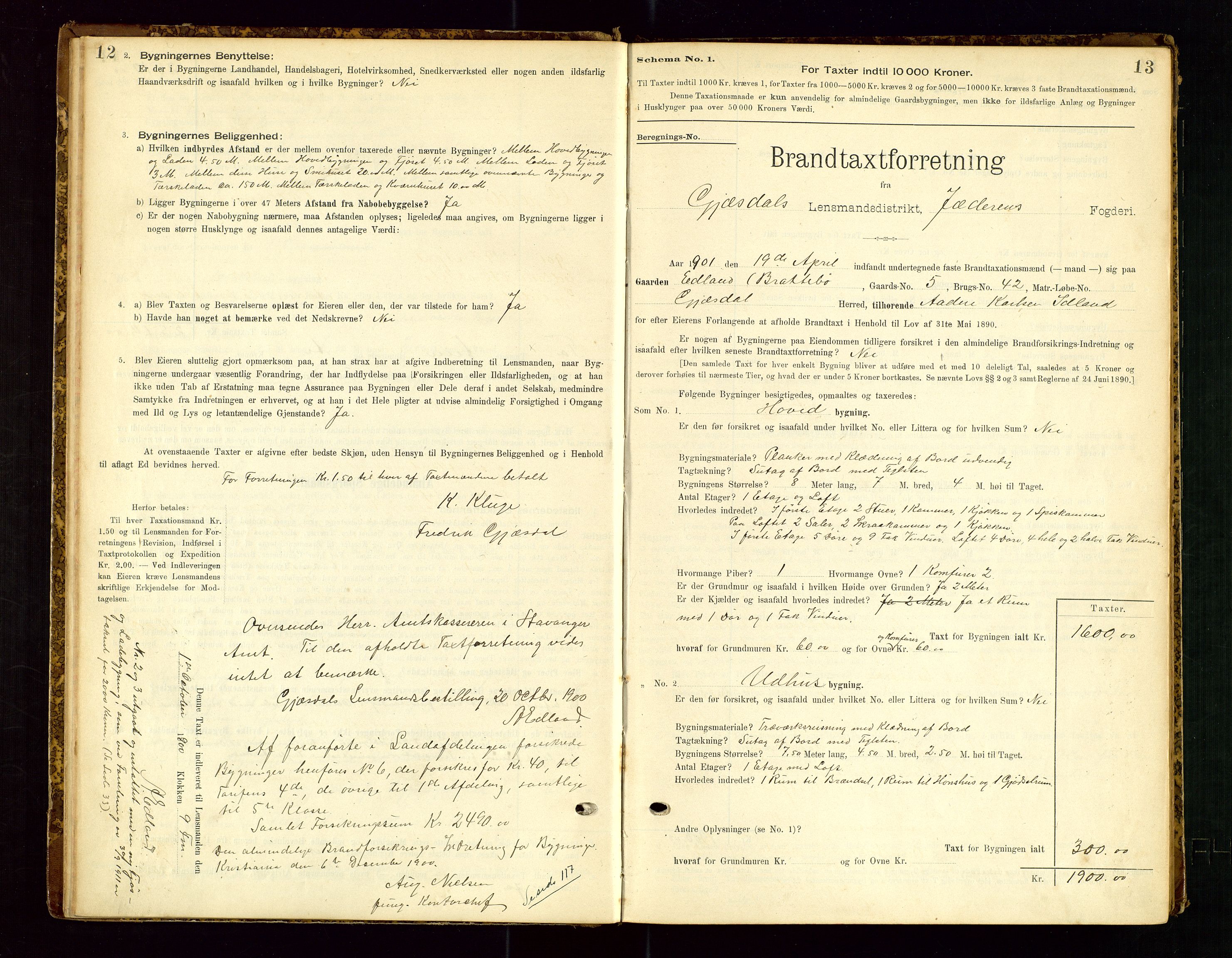 Gjesdal lensmannskontor, SAST/A-100441/Go/L0007: Branntakstskjemaprotokoll, 1894-1937, s. 12-13
