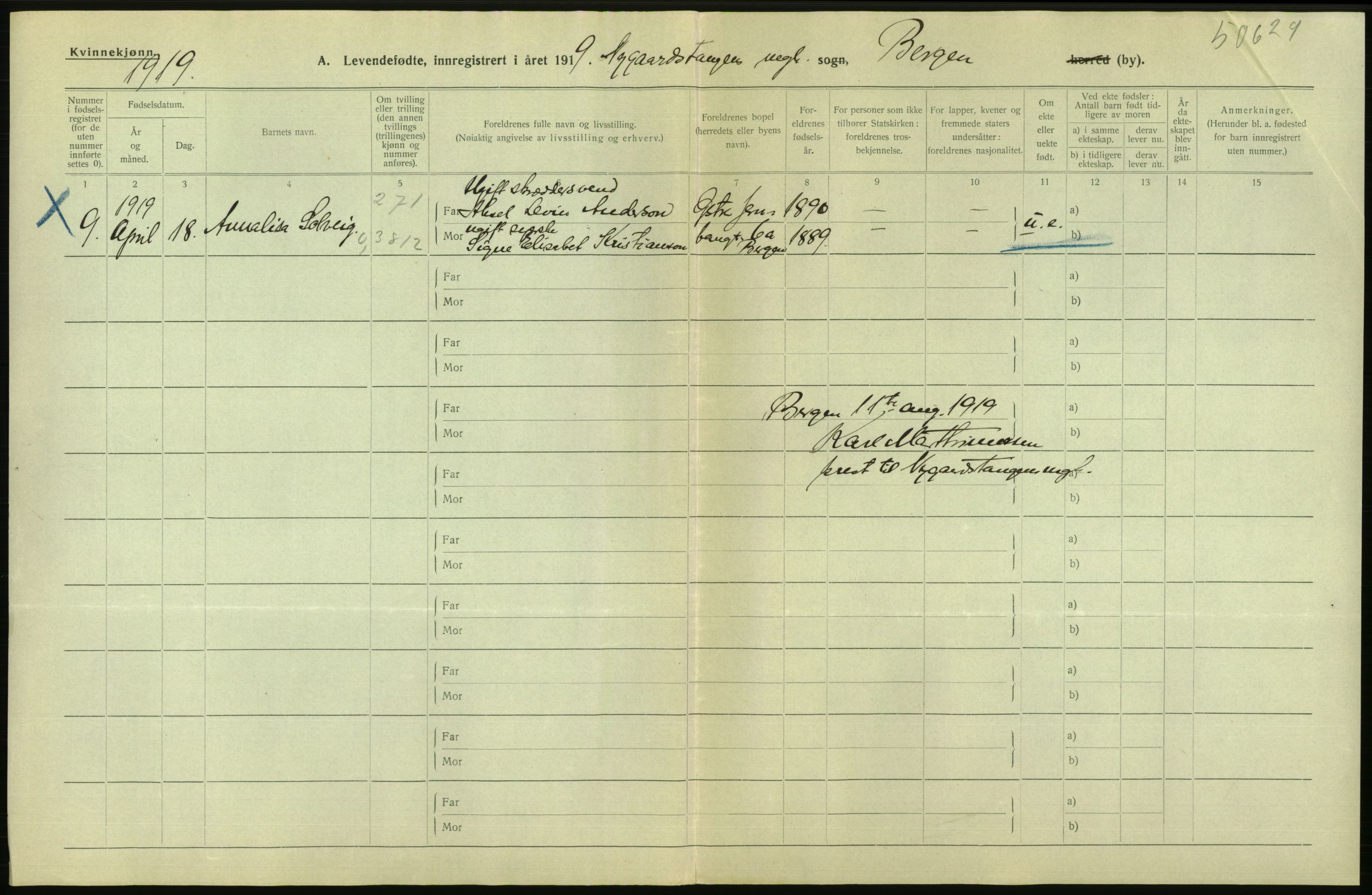 Statistisk sentralbyrå, Sosiodemografiske emner, Befolkning, AV/RA-S-2228/D/Df/Dfb/Dfbi/L0034: Bergen: Levendefødte menn og kvinner., 1919, s. 12