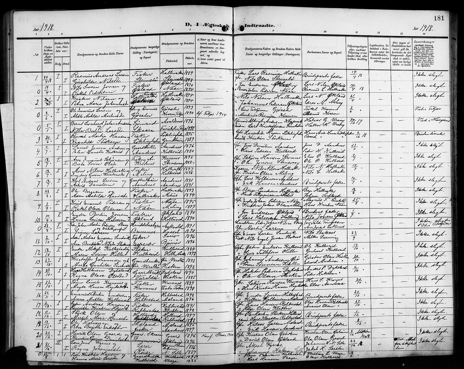 Finnås sokneprestembete, AV/SAB-A-99925/H/Ha/Hab/Habb/L0005: Klokkerbok nr. B 5, 1907-1920, s. 181