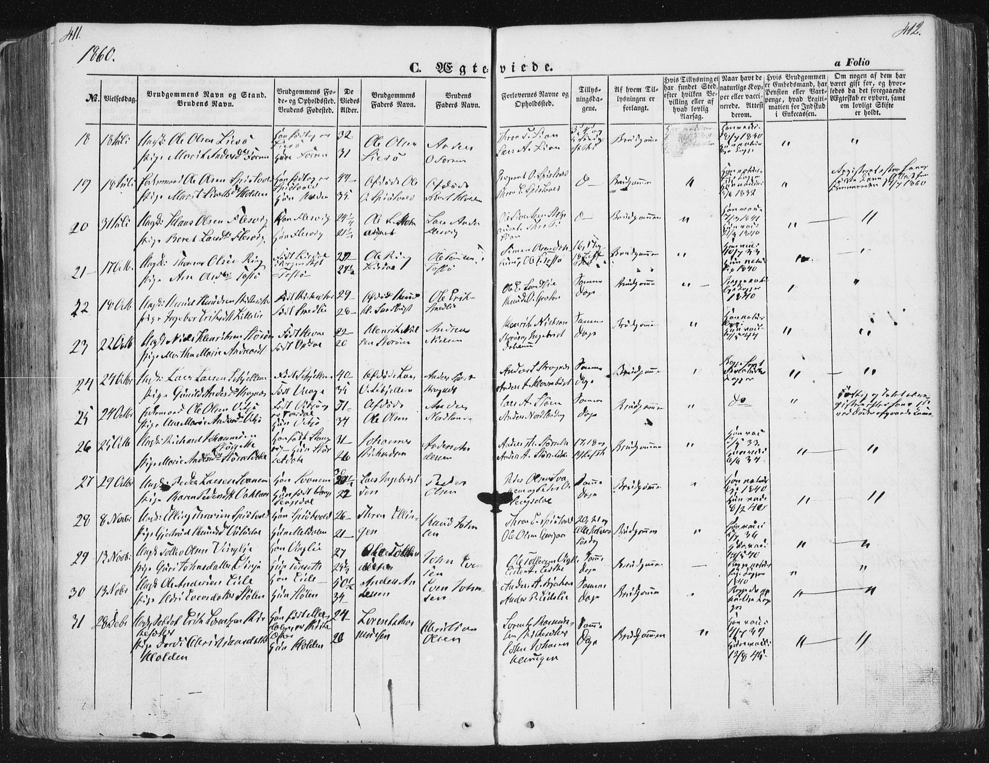 Ministerialprotokoller, klokkerbøker og fødselsregistre - Sør-Trøndelag, SAT/A-1456/630/L0494: Ministerialbok nr. 630A07, 1852-1868, s. 411-412