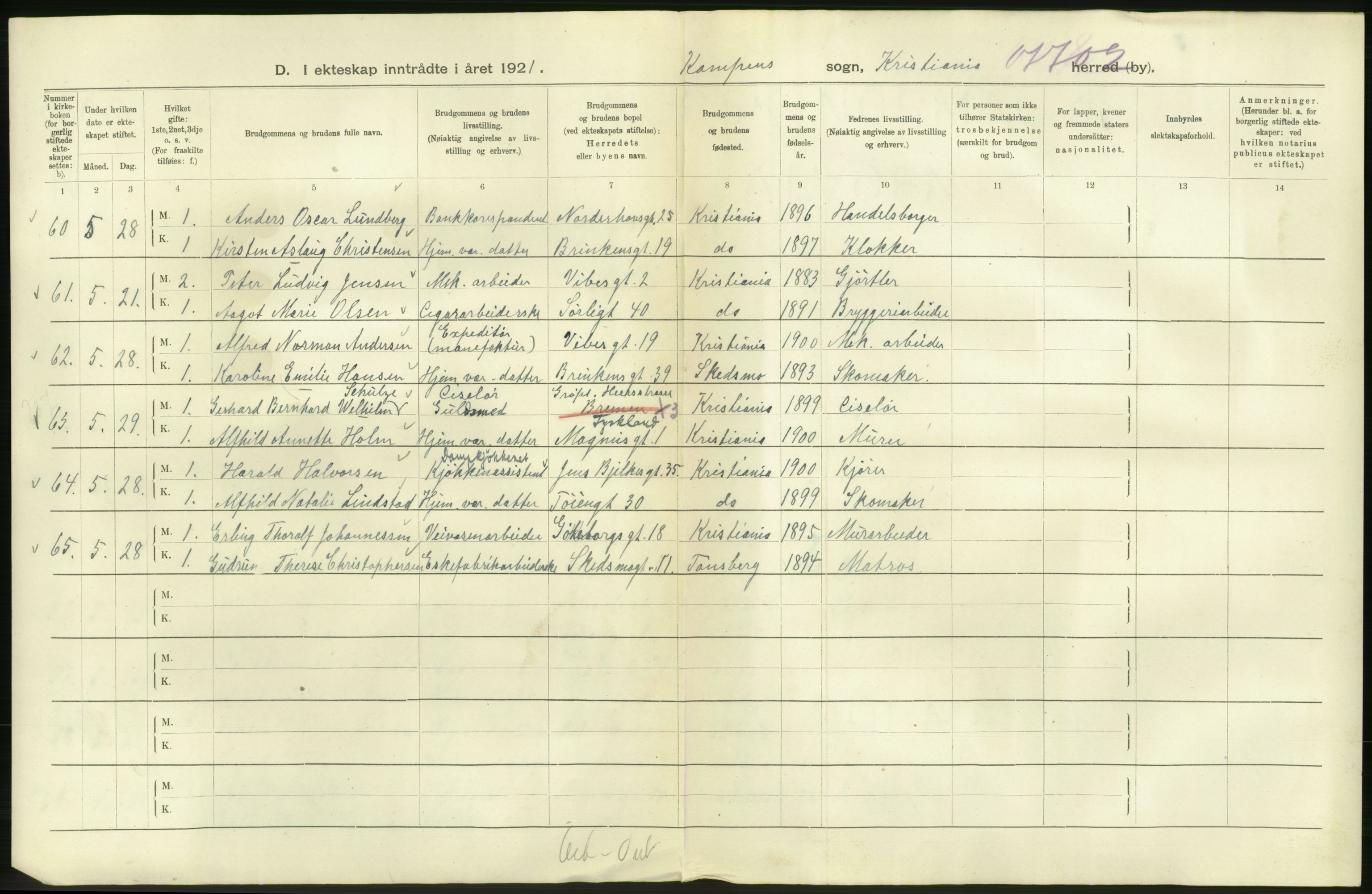 Statistisk sentralbyrå, Sosiodemografiske emner, Befolkning, AV/RA-S-2228/D/Df/Dfc/Dfca/L0011: Kristiania: Gifte, 1921, s. 766