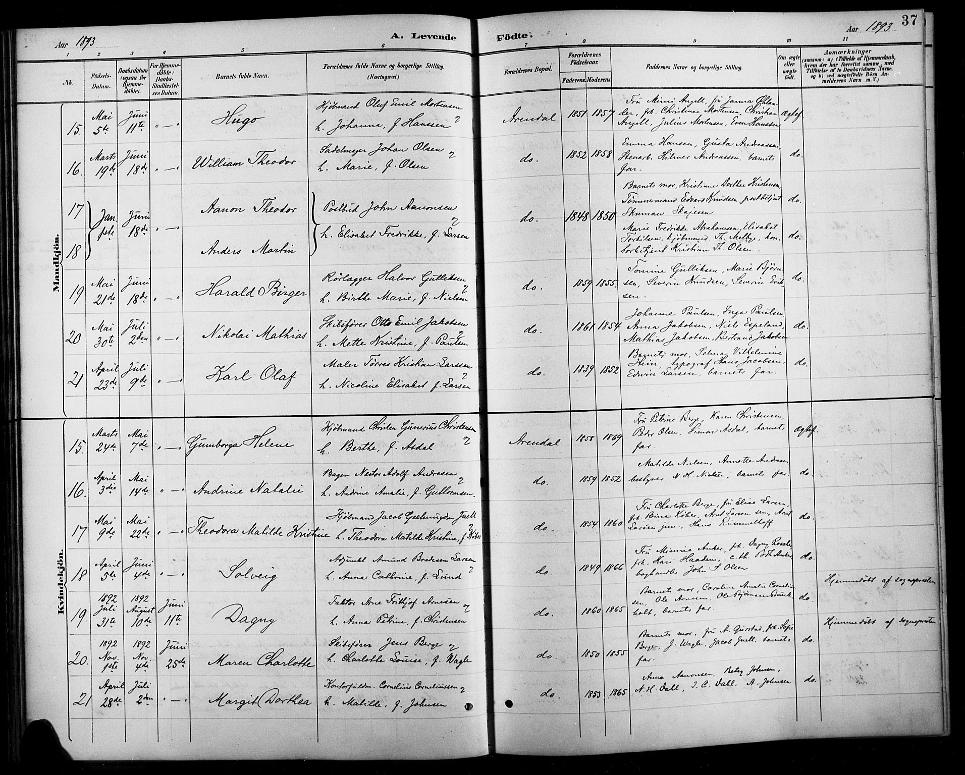 Arendal sokneprestkontor, Trefoldighet, AV/SAK-1111-0040/F/Fb/L0006: Klokkerbok nr. B 6, 1889-1916, s. 37