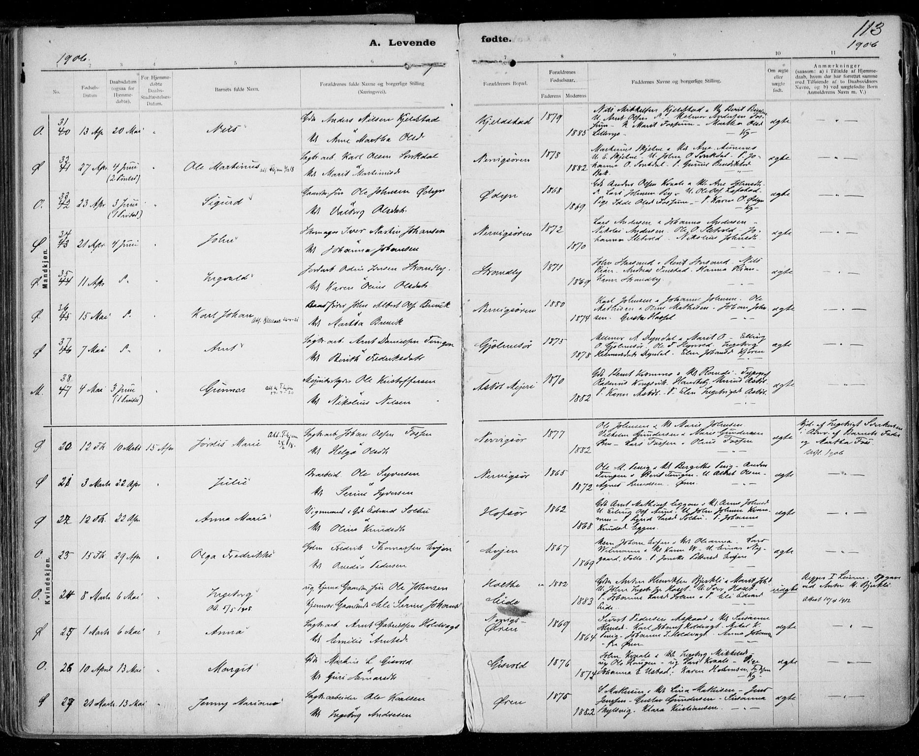 Ministerialprotokoller, klokkerbøker og fødselsregistre - Sør-Trøndelag, SAT/A-1456/668/L0811: Ministerialbok nr. 668A11, 1894-1913, s. 113