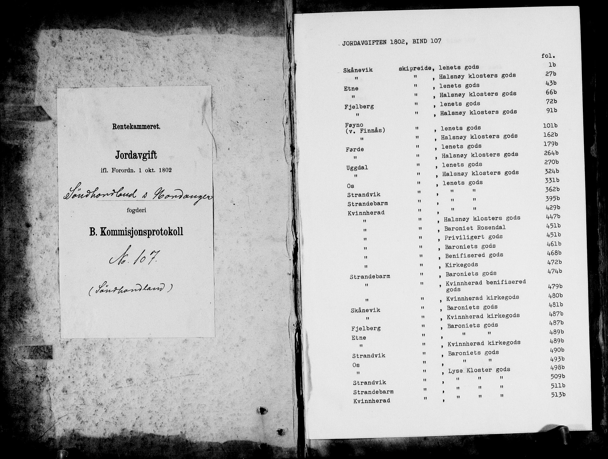 Rentekammeret inntil 1814, Realistisk ordnet avdeling, RA/EA-4070/N/Ne/Nea/L0107: Sunnhordland og Hardanger fogderi. Kommisjonsprotokoll for Sunnhordland, 1803, s. 1