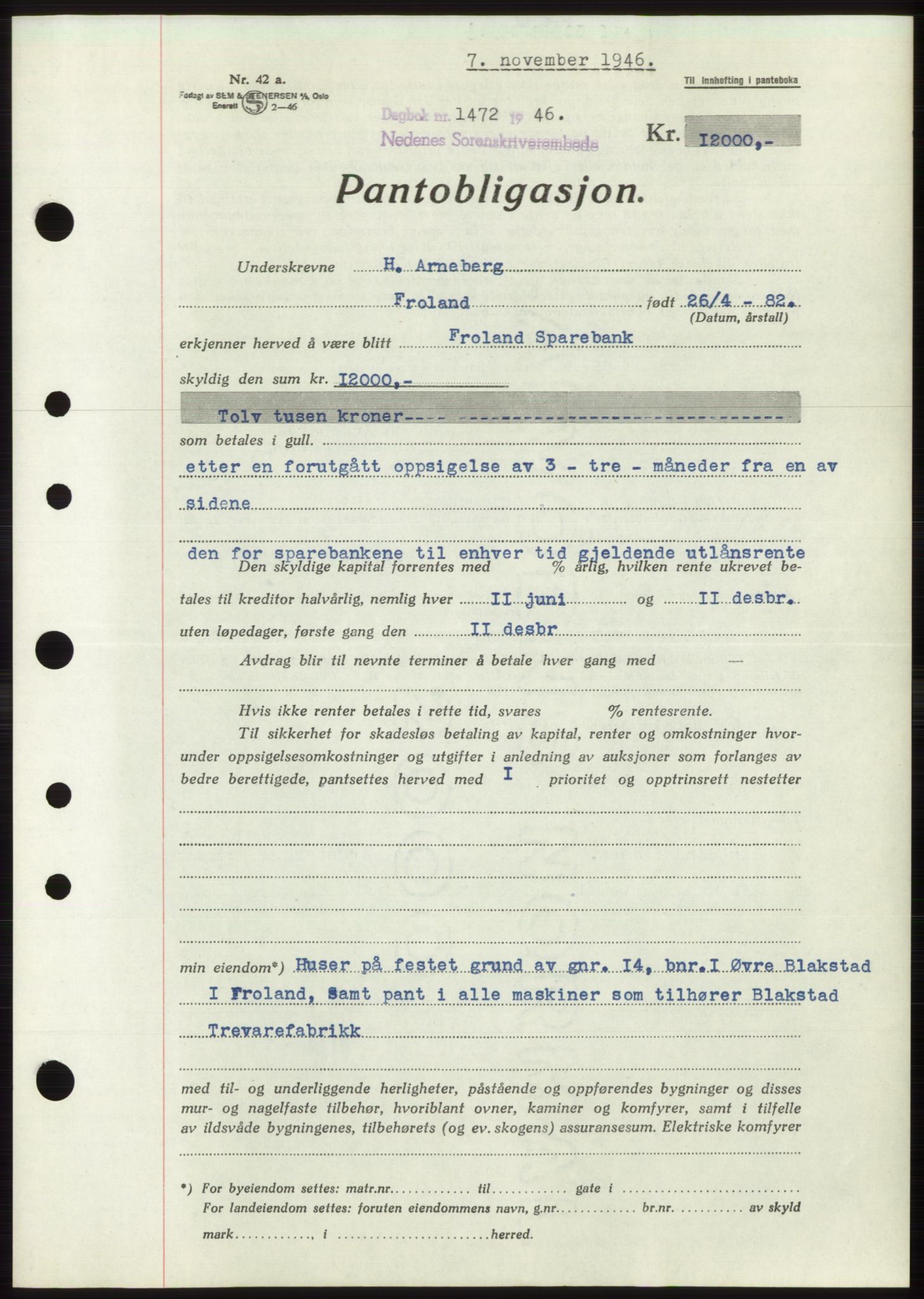 Nedenes sorenskriveri, SAK/1221-0006/G/Gb/Gbb/L0003: Pantebok nr. B3b, 1946-1946, Dagboknr: 1472/1946