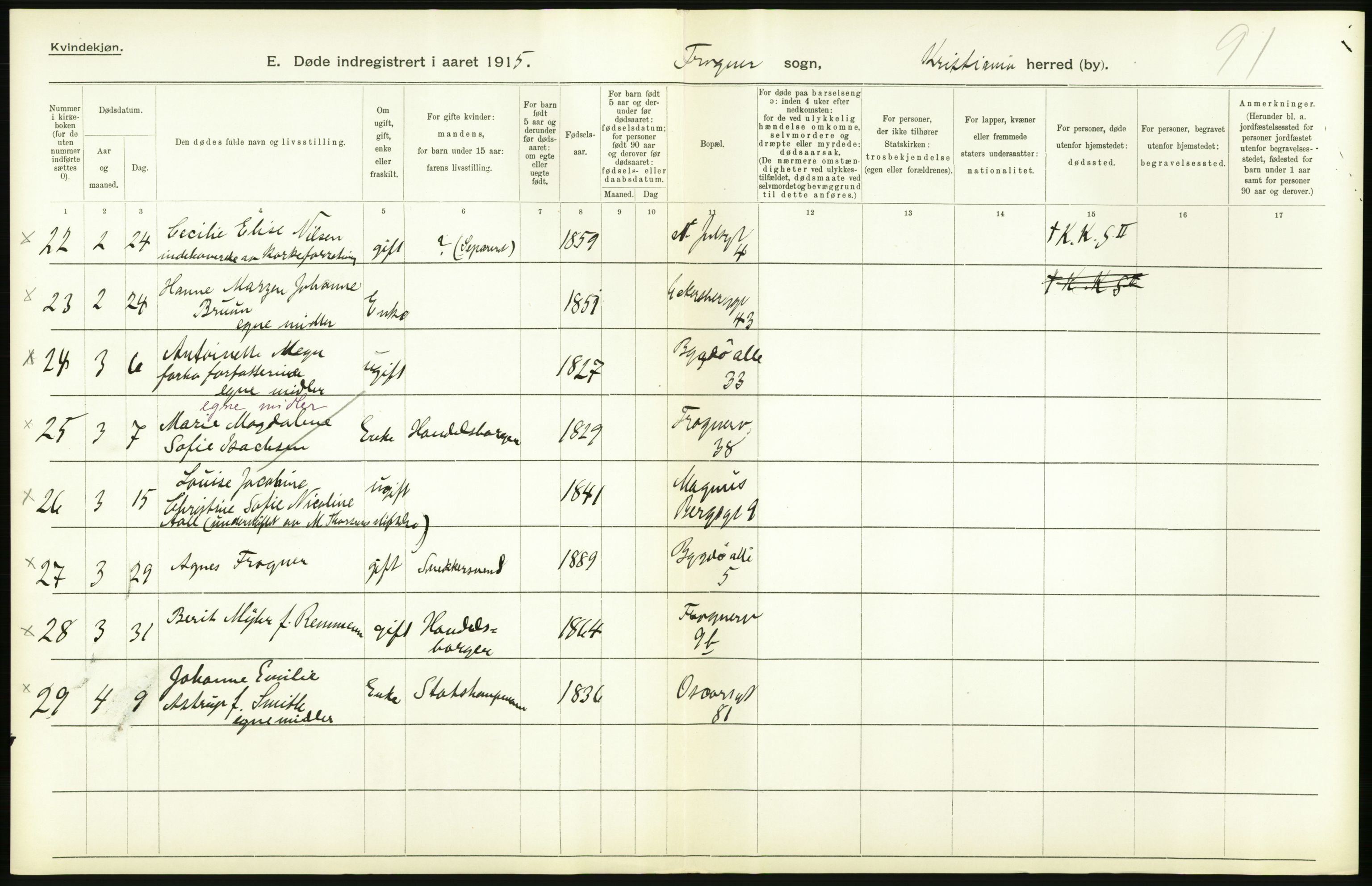 Statistisk sentralbyrå, Sosiodemografiske emner, Befolkning, AV/RA-S-2228/D/Df/Dfb/Dfbe/L0009: Kristiania: Døde., 1915, s. 464