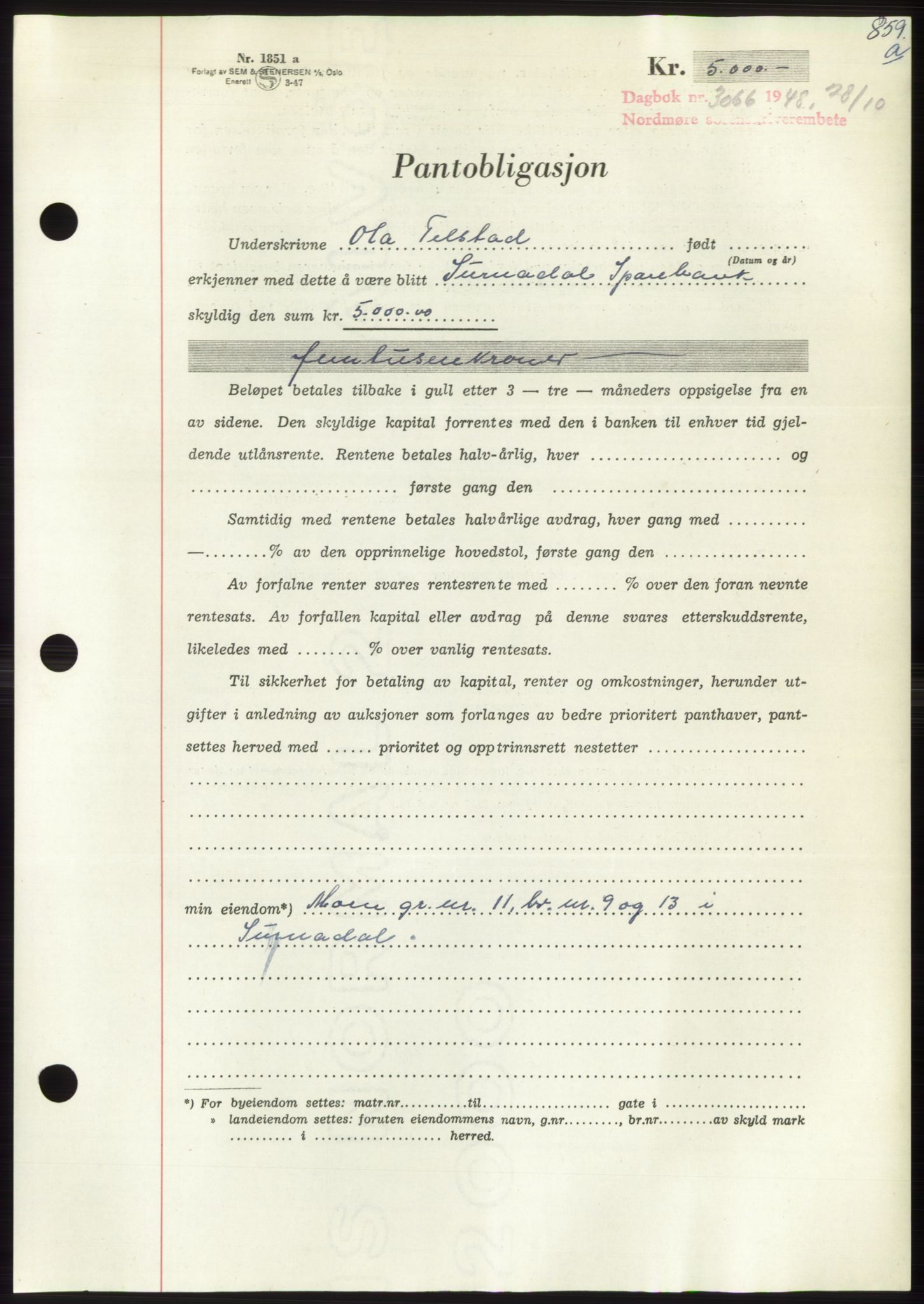Nordmøre sorenskriveri, SAT/A-4132/1/2/2Ca: Pantebok nr. B99, 1948-1948, Dagboknr: 3066/1948