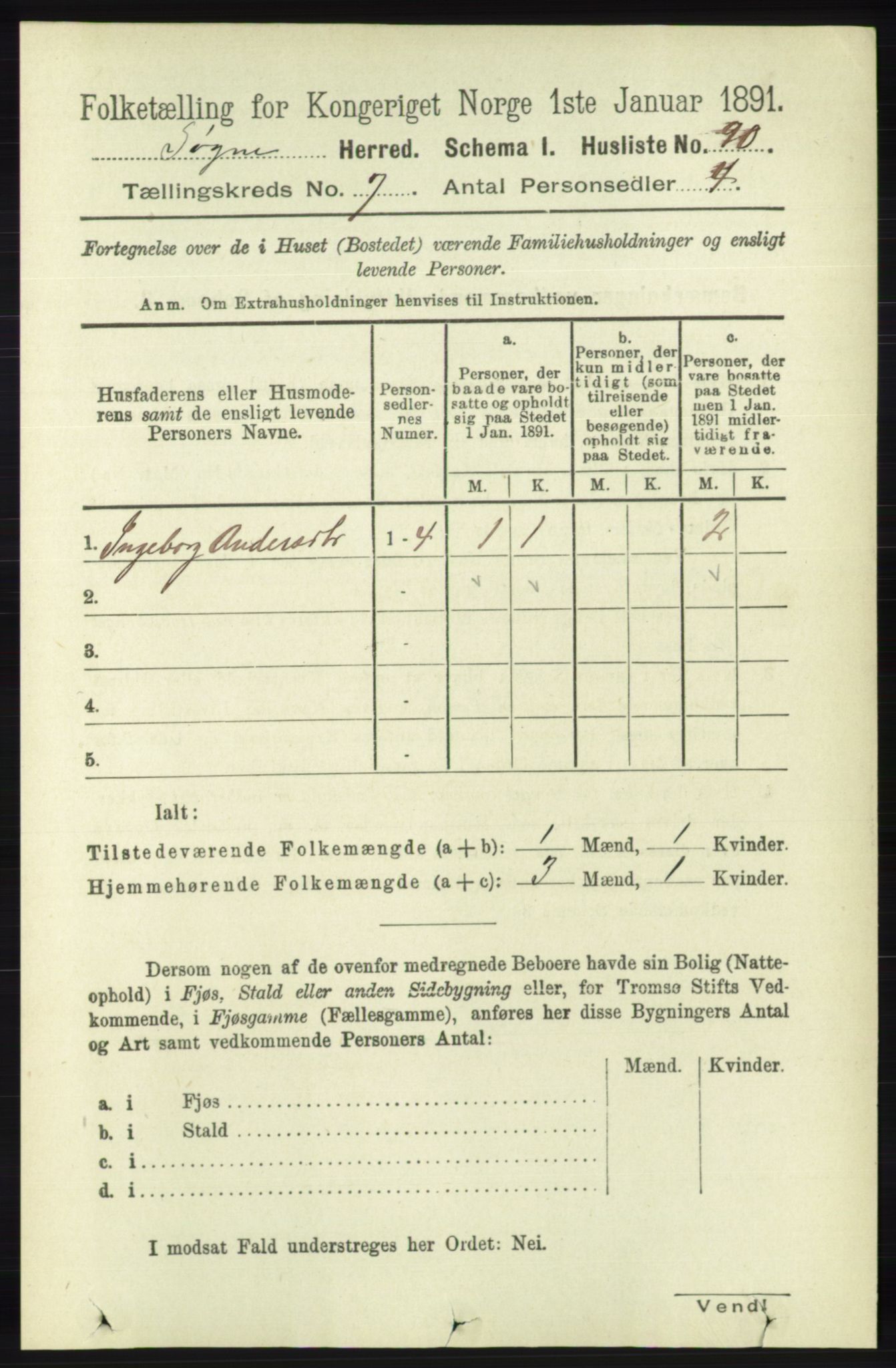 RA, Folketelling 1891 for 1018 Søgne herred, 1891, s. 1513