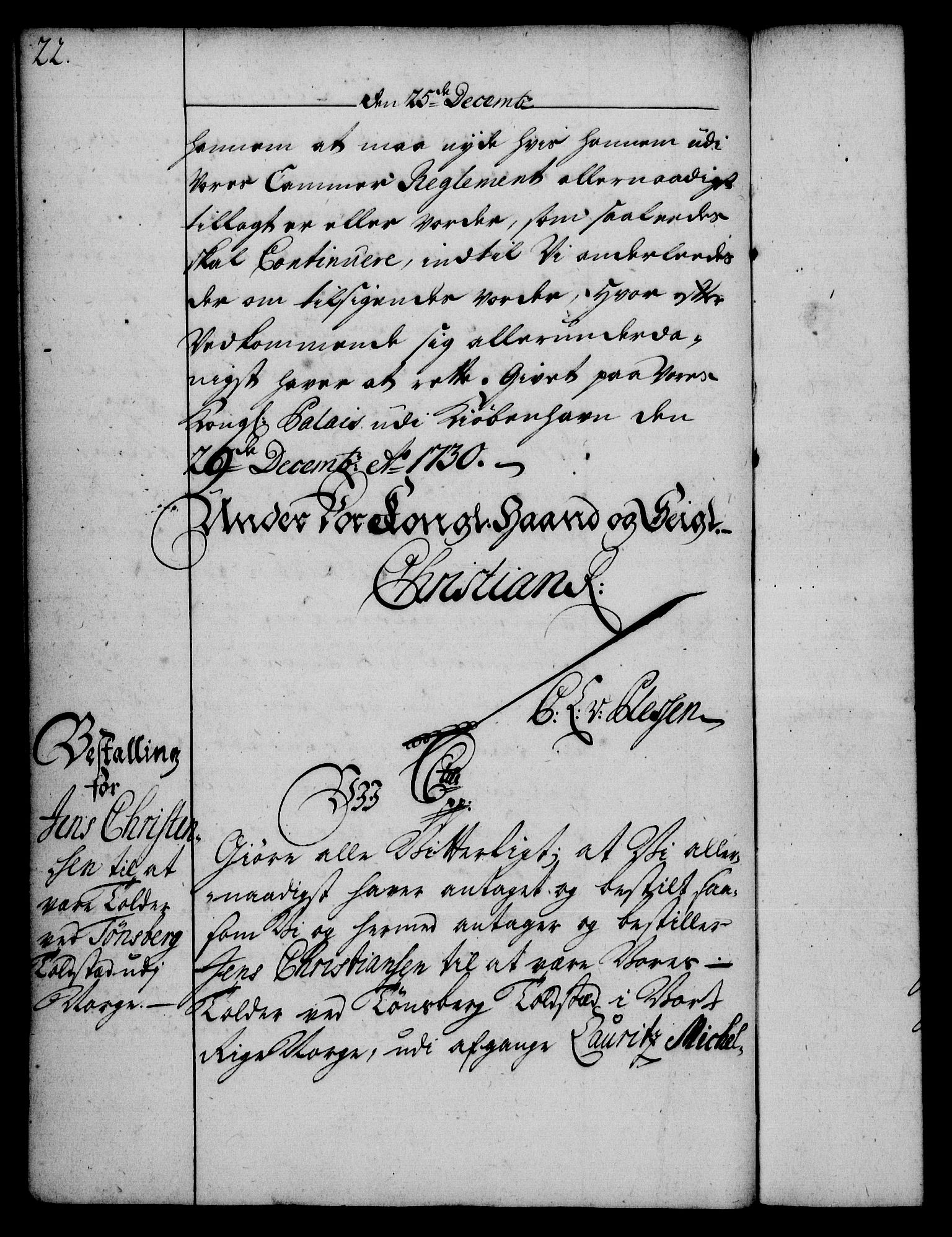 Rentekammeret, Kammerkanselliet, RA/EA-3111/G/Gg/Gge/L0002: Norsk bestallingsprotokoll med register (merket RK 53.26), 1730-1744, s. 22