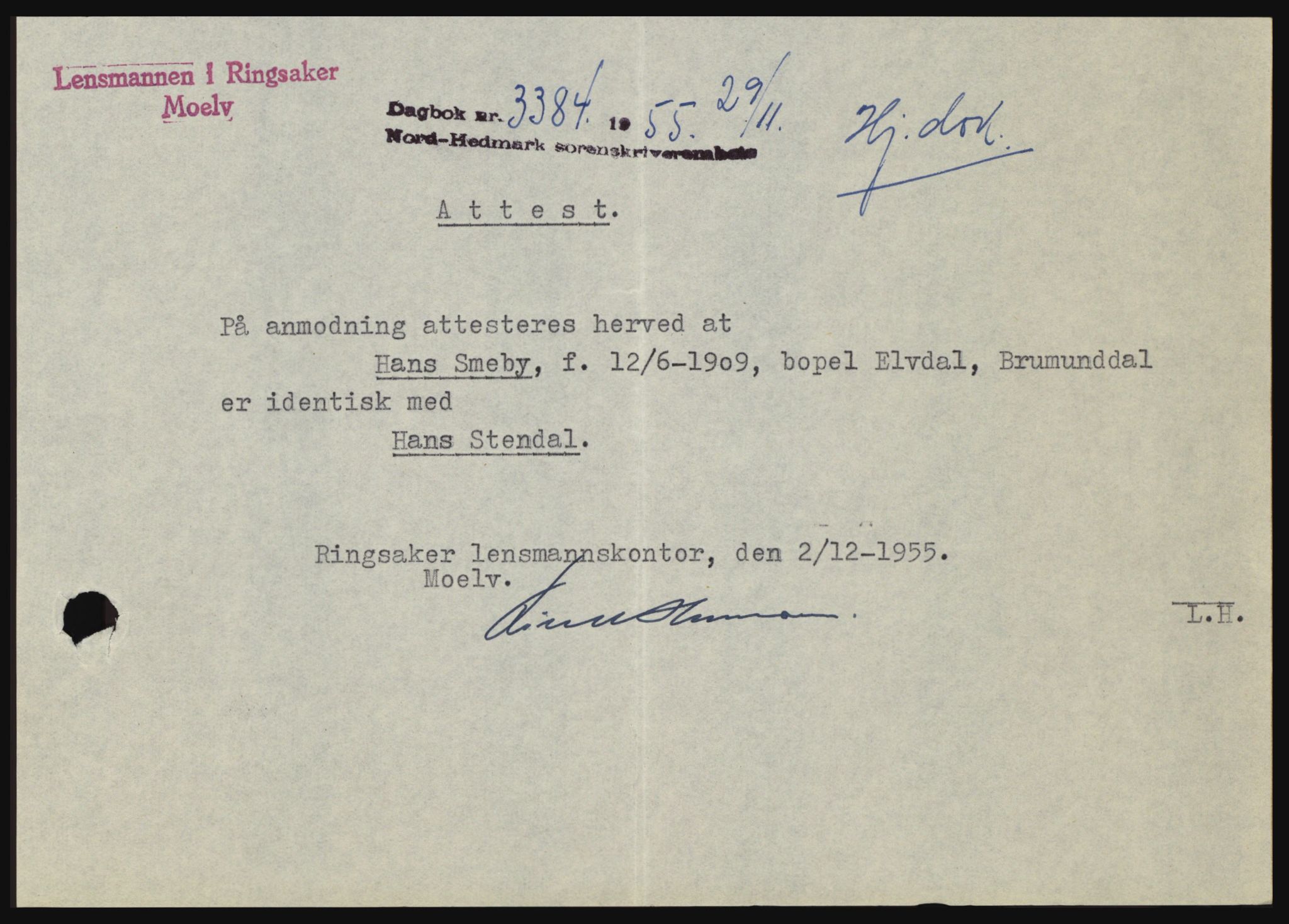 Nord-Hedmark sorenskriveri, SAH/TING-012/H/Hc/L0010: Pantebok nr. 10, 1955-1956, Dagboknr: 3384/1955