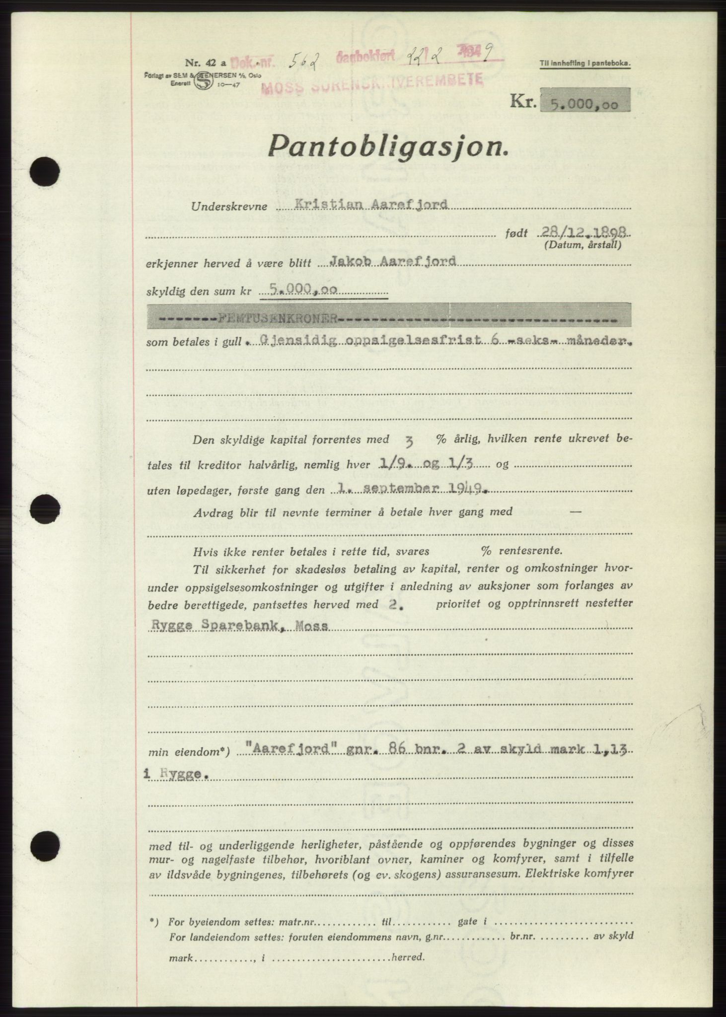 Moss sorenskriveri, SAO/A-10168: Pantebok nr. B21, 1949-1949, Dagboknr: 562/1949