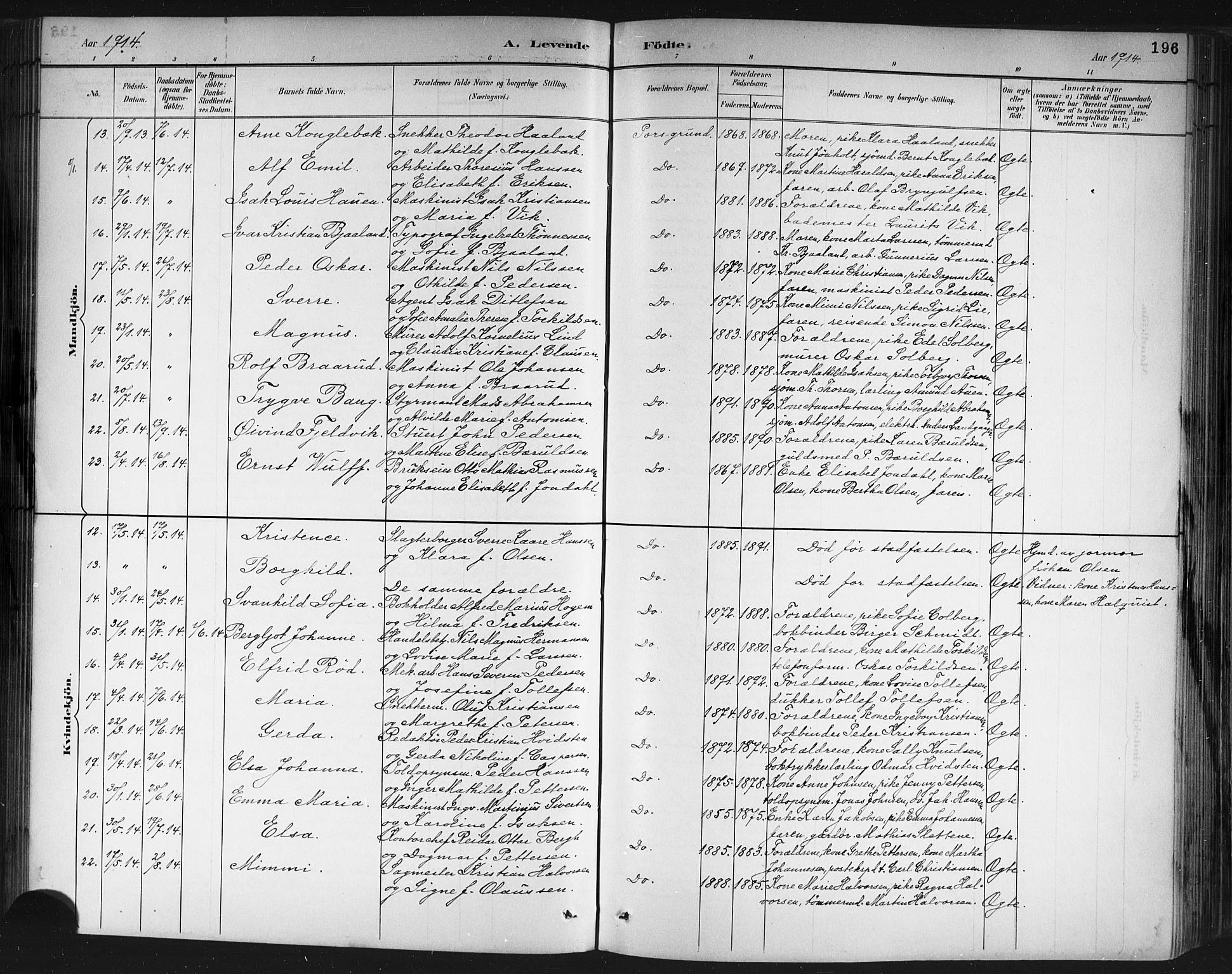 Porsgrunn kirkebøker , AV/SAKO-A-104/G/Gb/L0005: Klokkerbok nr. II 5, 1883-1915, s. 196