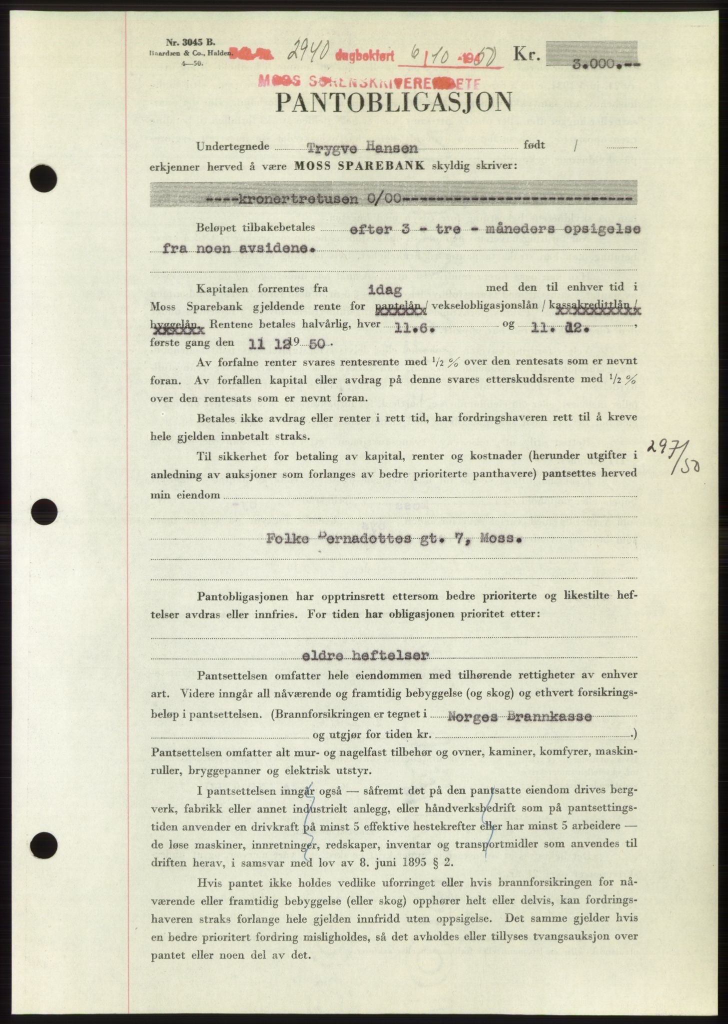Moss sorenskriveri, SAO/A-10168: Pantebok nr. B25, 1950-1950, Dagboknr: 2940/1950