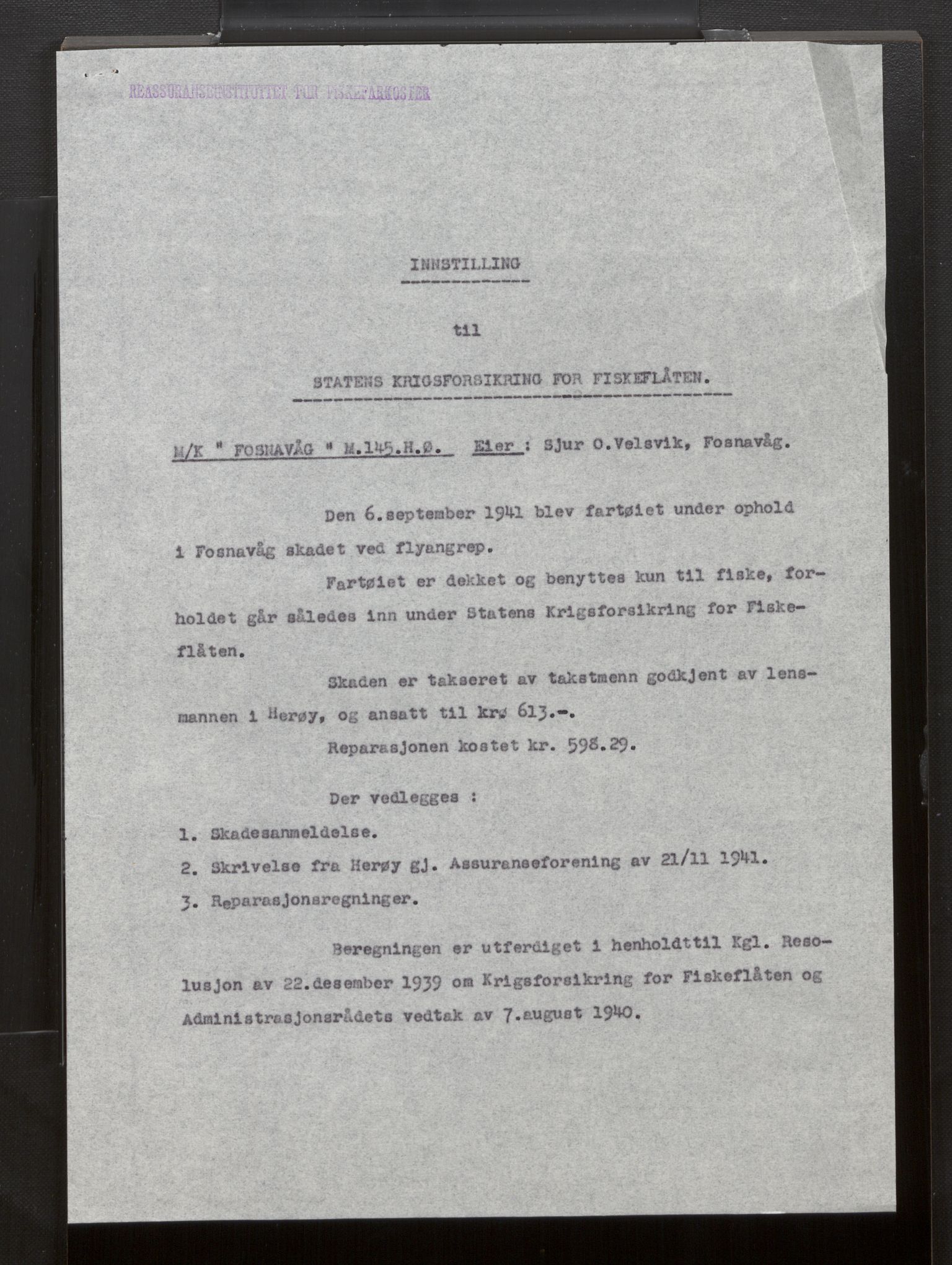 Fiskeridirektoratet - 1 Adm. ledelse - 13 Båtkontoret, AV/SAB-A-2003/La/L0058: Statens krigsforsikring for fiskeflåten, 1936-1971, s. 516