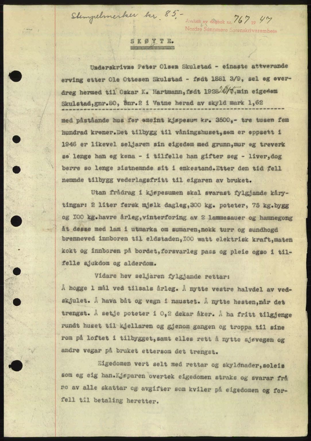 Nordre Sunnmøre sorenskriveri, SAT/A-0006/1/2/2C/2Ca: Pantebok nr. A24, 1947-1947, Dagboknr: 767/1947