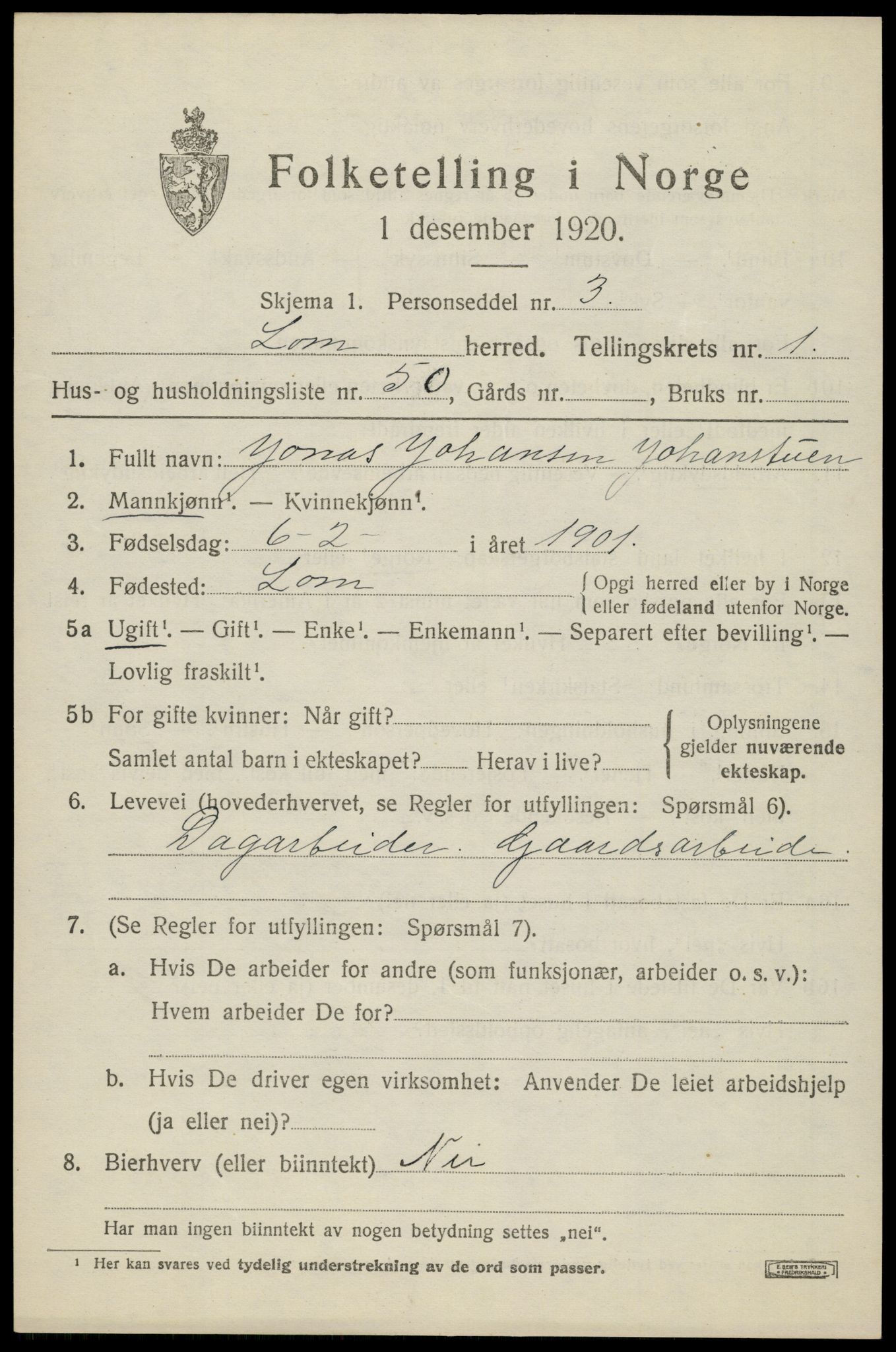 SAH, Folketelling 1920 for 0514 Lom herred, 1920, s. 1518
