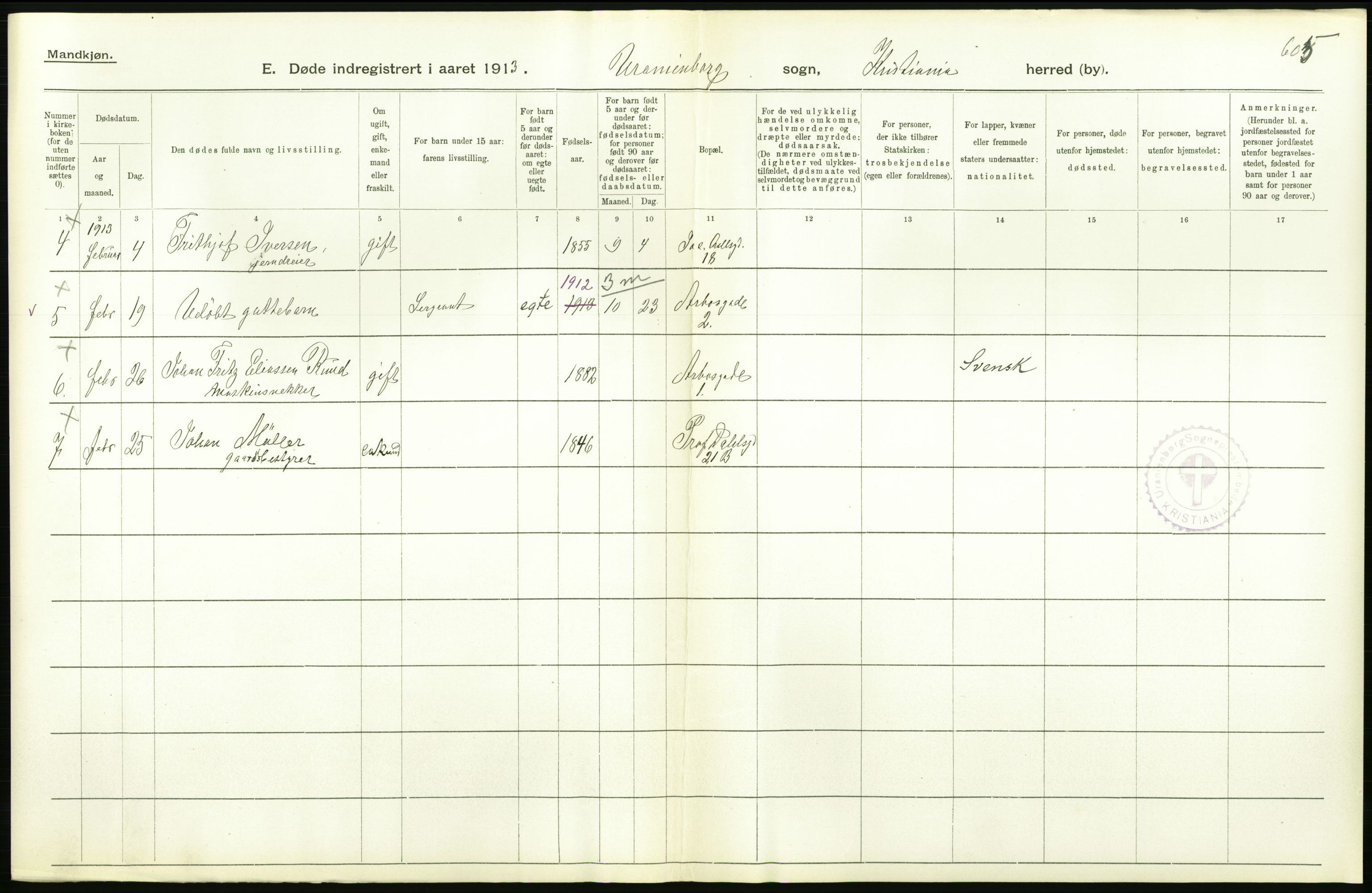 Statistisk sentralbyrå, Sosiodemografiske emner, Befolkning, AV/RA-S-2228/D/Df/Dfb/Dfbc/L0009: Kristiania: Døde., 1913, s. 466