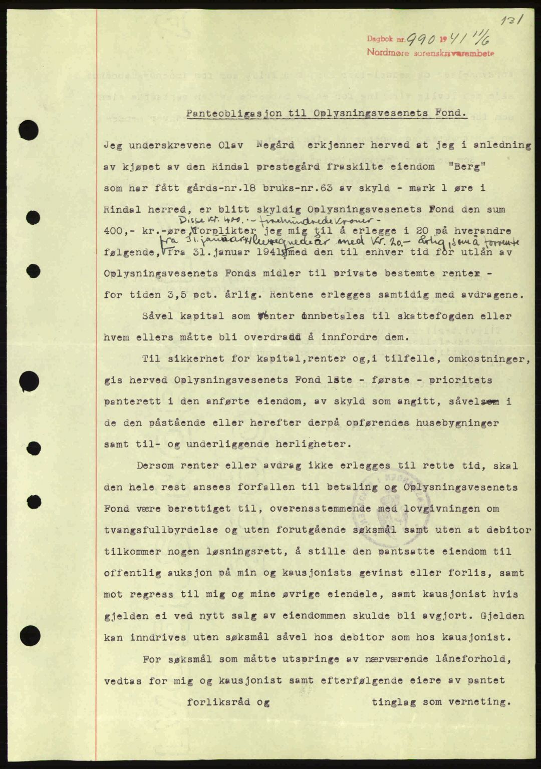 Nordmøre sorenskriveri, SAT/A-4132/1/2/2Ca: Pantebok nr. B88, 1941-1942, Dagboknr: 990/1941