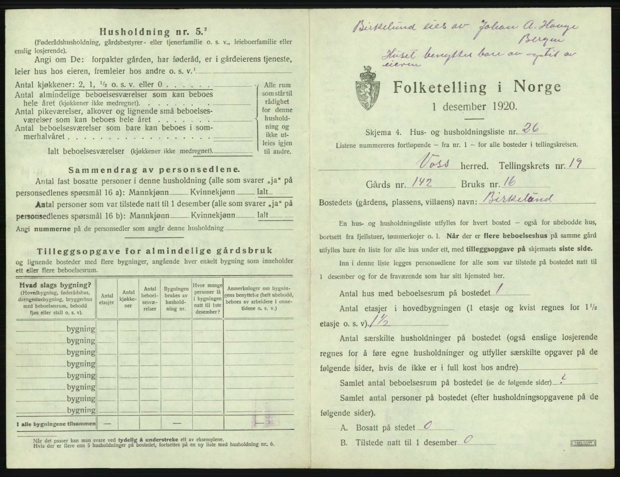 SAB, Folketelling 1920 for 1235 Voss herred, 1920, s. 1805