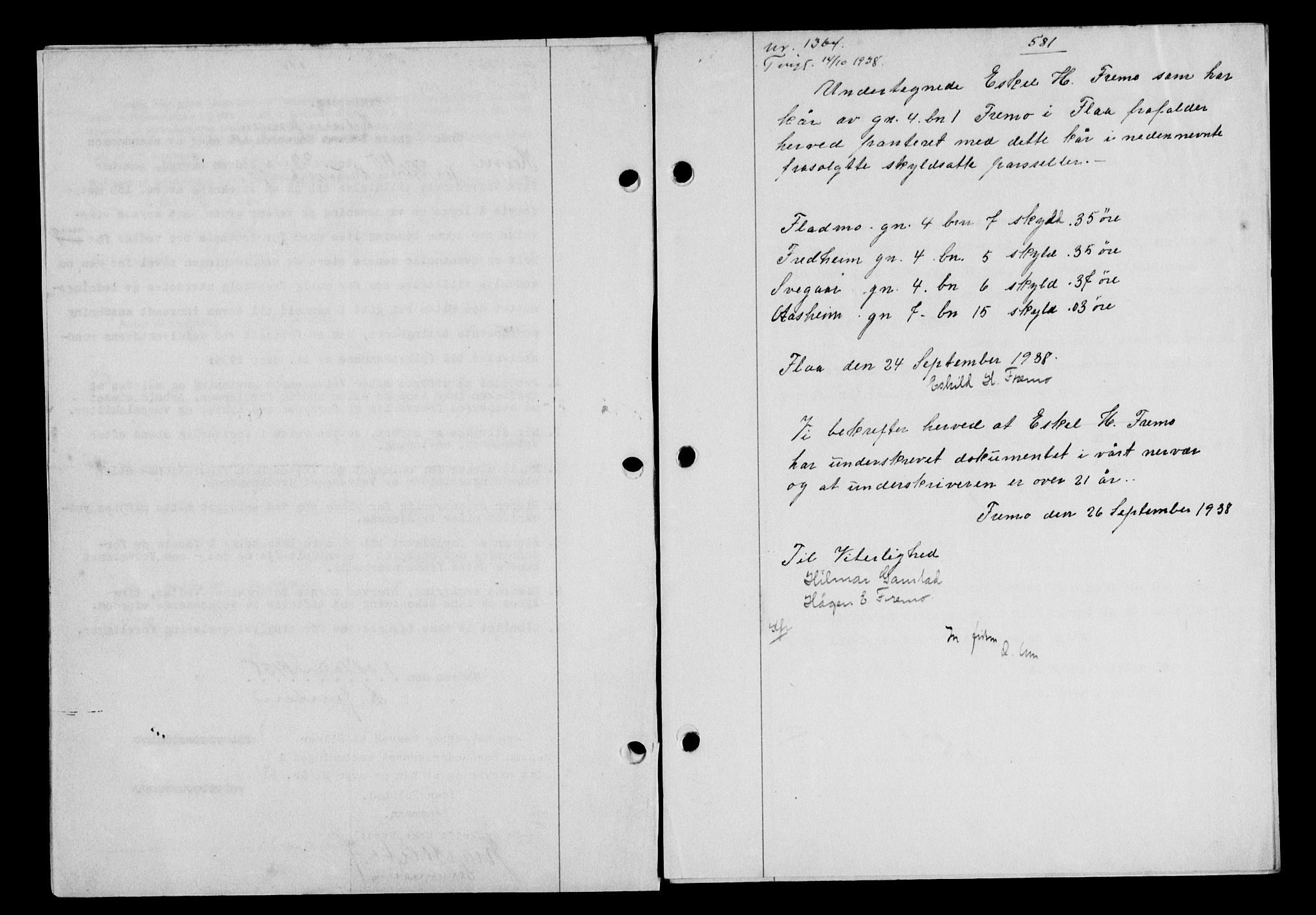 Gauldal sorenskriveri, SAT/A-0014/1/2/2C/L0049: Pantebok nr. 53, 1938-1938, Dagboknr: 1364/1938